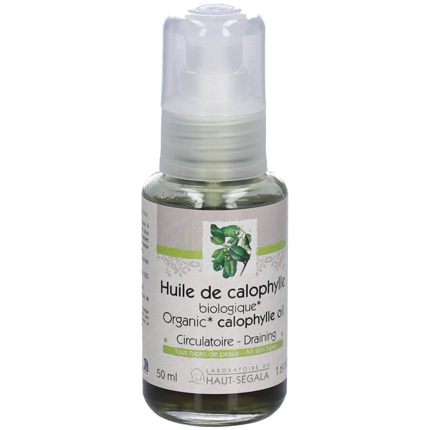 Flacon d'huile de calophylle bio avec pompe. Étiquette avec texte et logo. Certification bio.