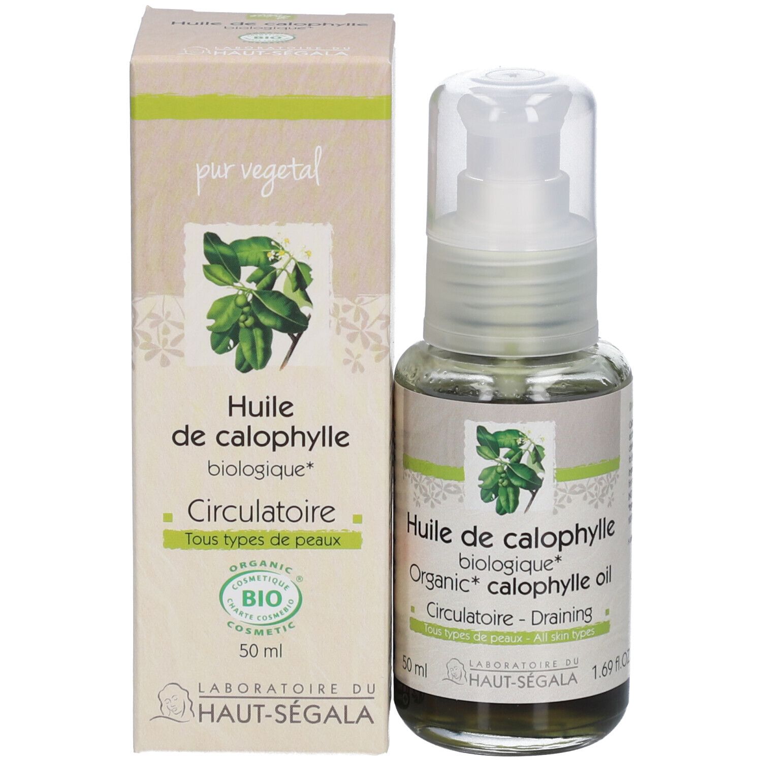 Flacon et emballage d'huile de calophylle bio. Étiquette avec texte et logo. Certification bio.