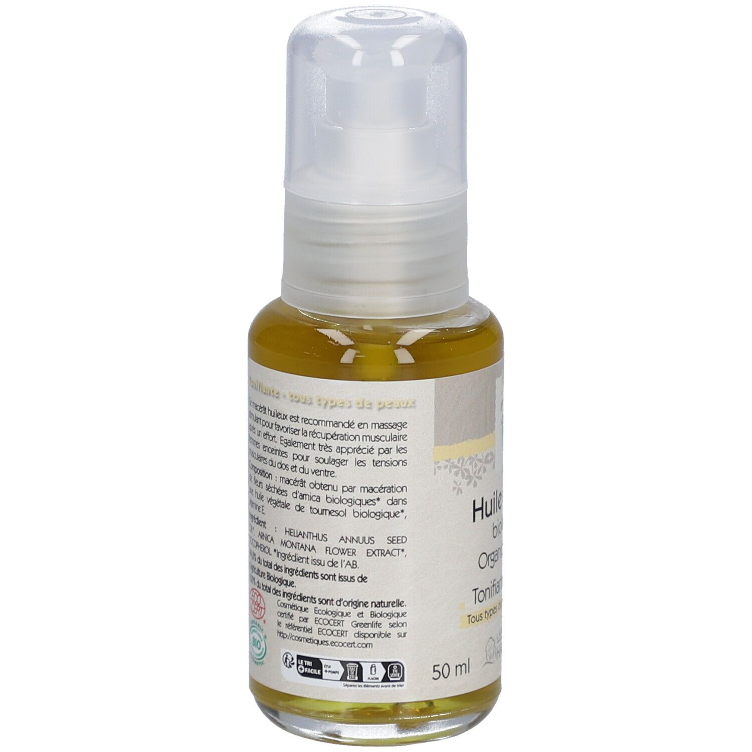 Rückseite der Arnikaöl-Flasche. Produktinformationen, Inhaltsstoffe und Zertifizierungen auf dem Etikett.
