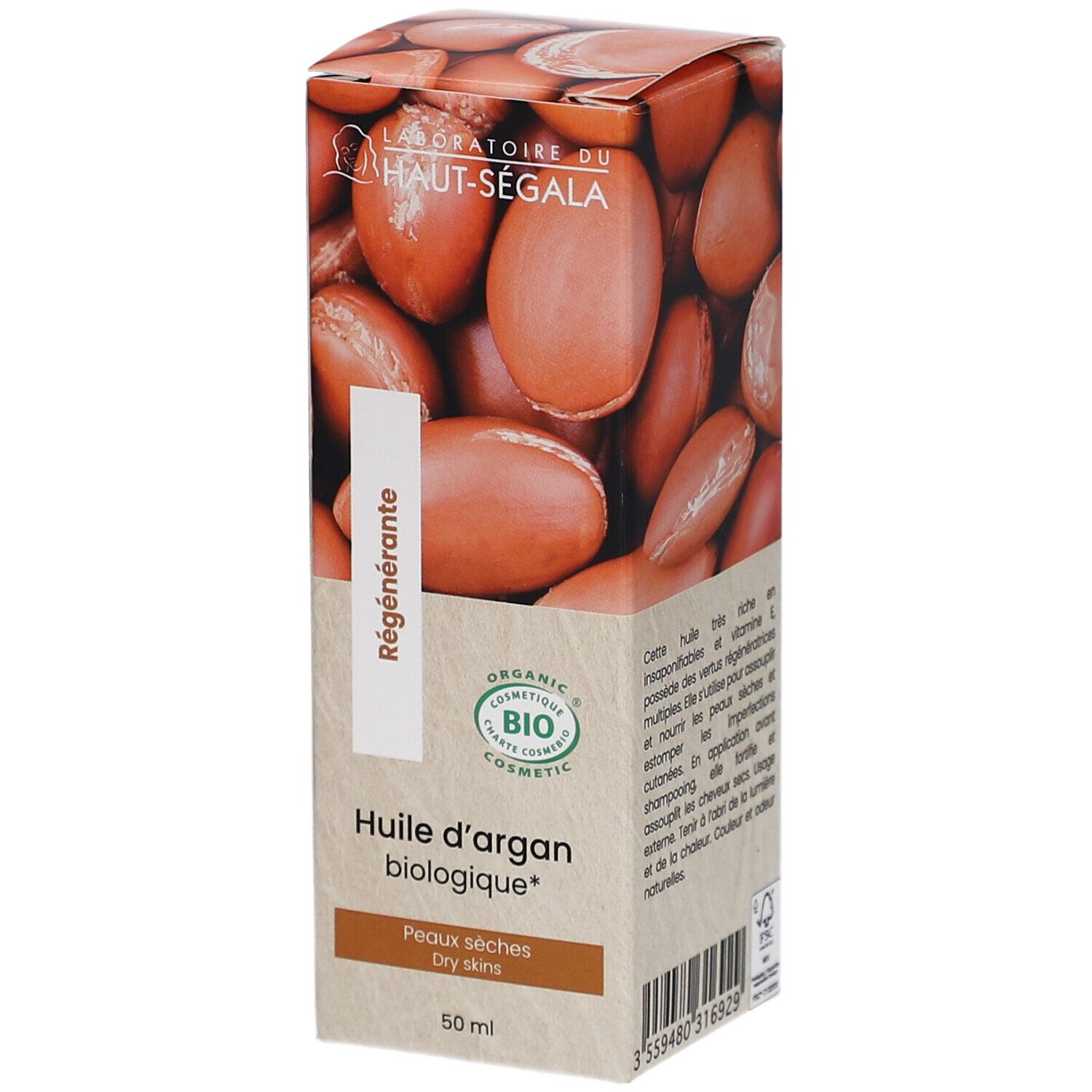 Kartonverpackung mit Arganöl-Abbildung. Text: Huile d'argan biologique, Peaux sèches, 50 ml. Bio-Kosmetik-Siegel.