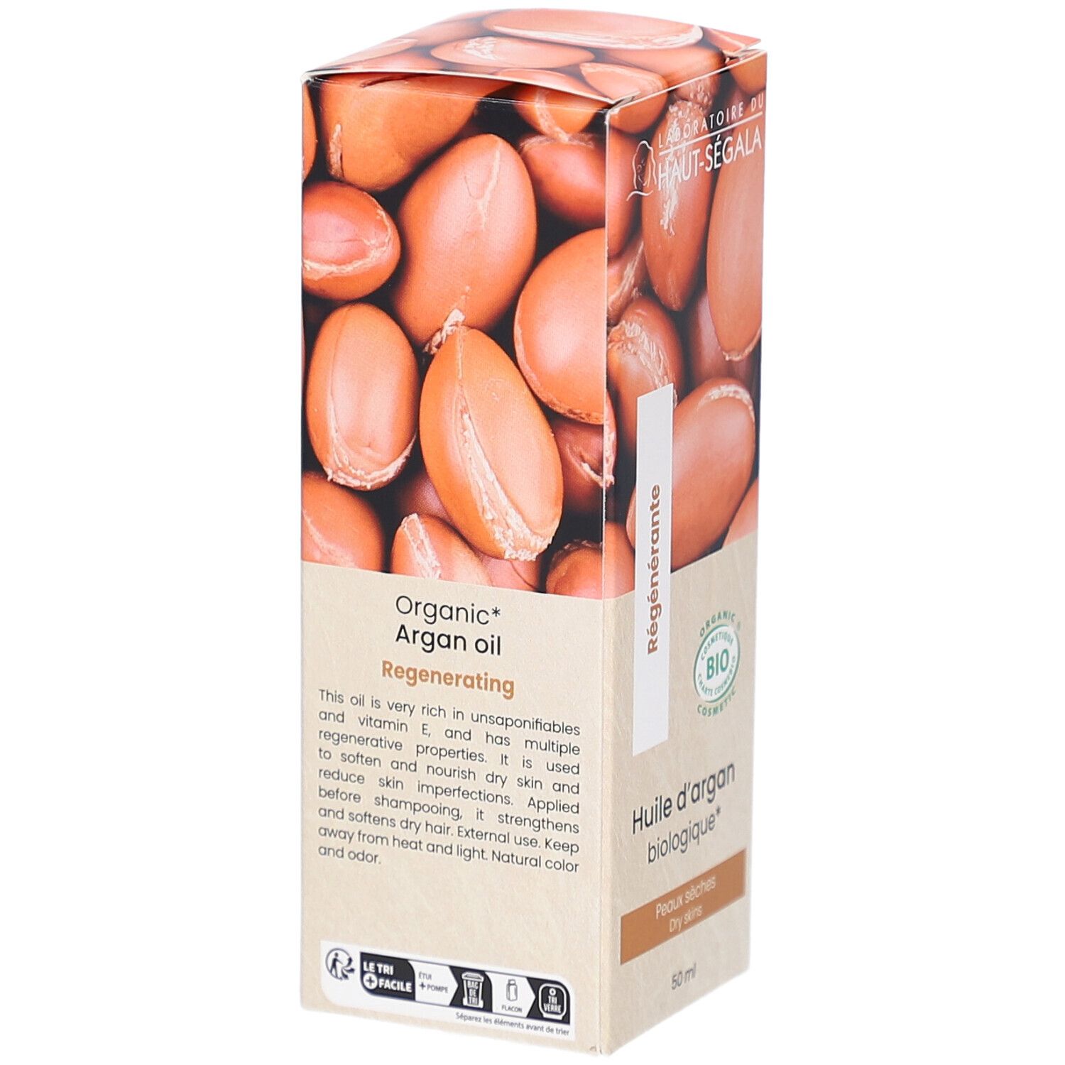 Kartonverpackung mit Arganöl-Abbildung. Text: Organic Argan oil, Regenerating. Bio-Siegel. Produktbeschreibung.