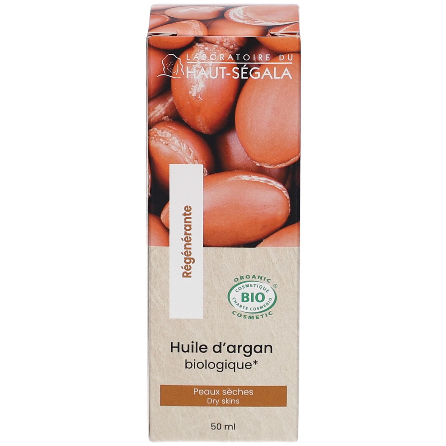 Kartonverpackung mit Arganöl-Abbildung. Text: Huile d'argan biologique, Peaux sèches, 50 ml. Bio-Kosmetik-Siegel.