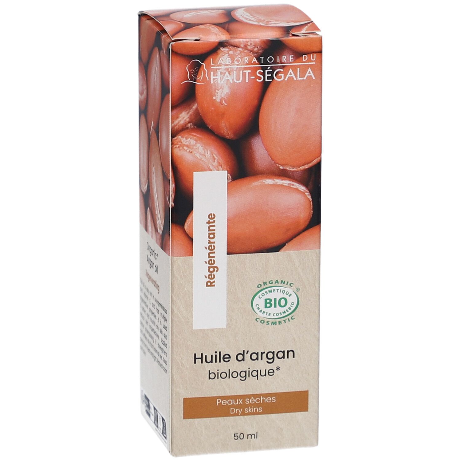 Kartonverpackung mit Arganöl-Abbildung. Text: Huile d'argan biologique, Peaux sèches, 50 ml. Bio-Kosmetik-Siegel.