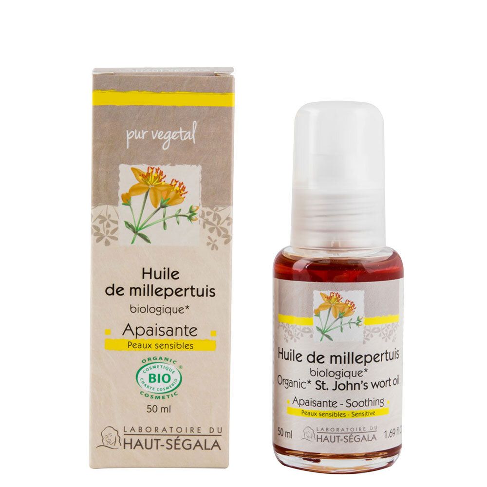 Flacon et boîte. Huile de millepertuis biologique, Apaisante, Peaux sensibles. Logo Bio. Marque: Laboratoire du Haut-Ségala.