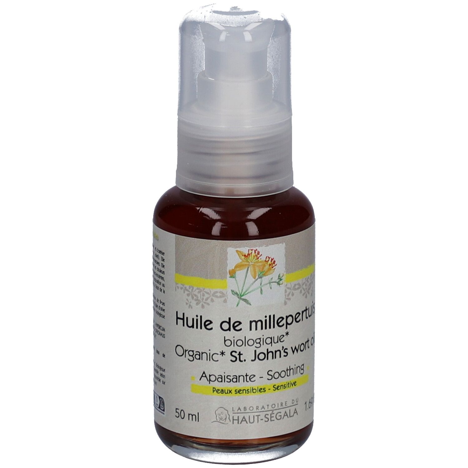 Dos du flacon d'huile. Texte: Huile de millepertuis biologique, conseils d'utilisation, certifications, date de péremption.