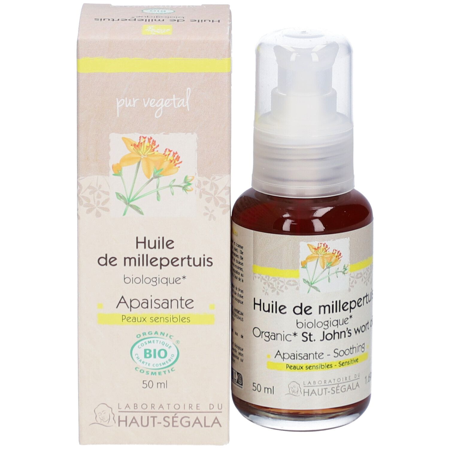Flacon et boîte. Huile de millepertuis biologique, Apaisante, Peaux sensibles. Logo Bio. Marque: Laboratoire du Haut-Ségala.