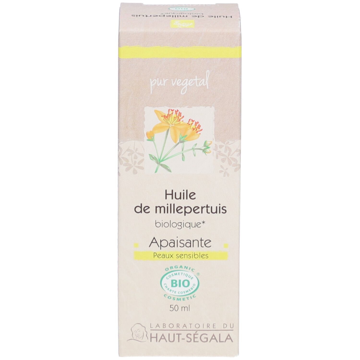 Boîte. Huile de millepertuis biologique, Apaisante, Peaux sensibles. Logo Bio. Marque: Laboratoire du Haut-Ségala.