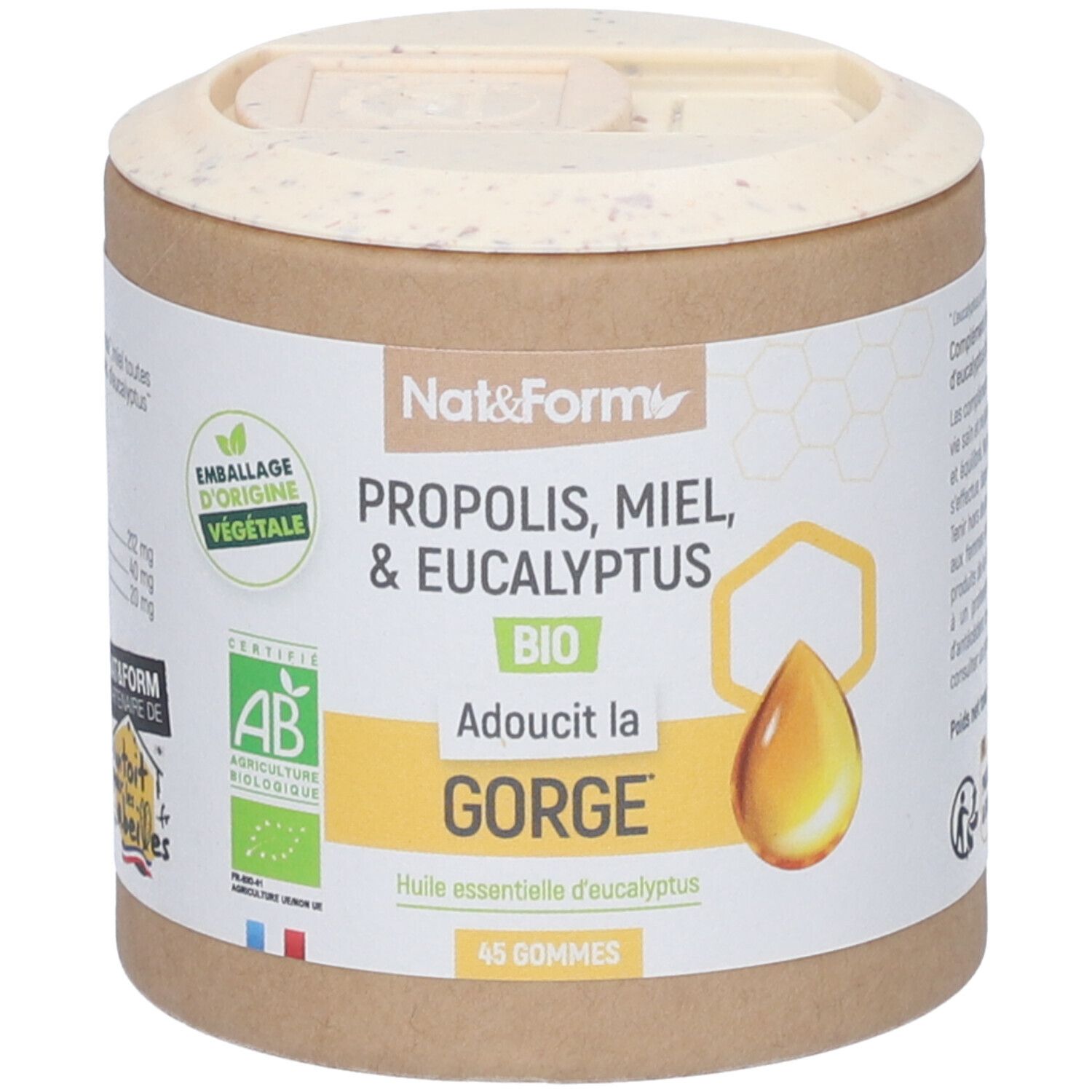 Emballage cylindrique "Nat&Form". Contient Propolis, Miel et Eucalyptus. Certification Bio et 45 gommes. Label "Adoucit la gorge".