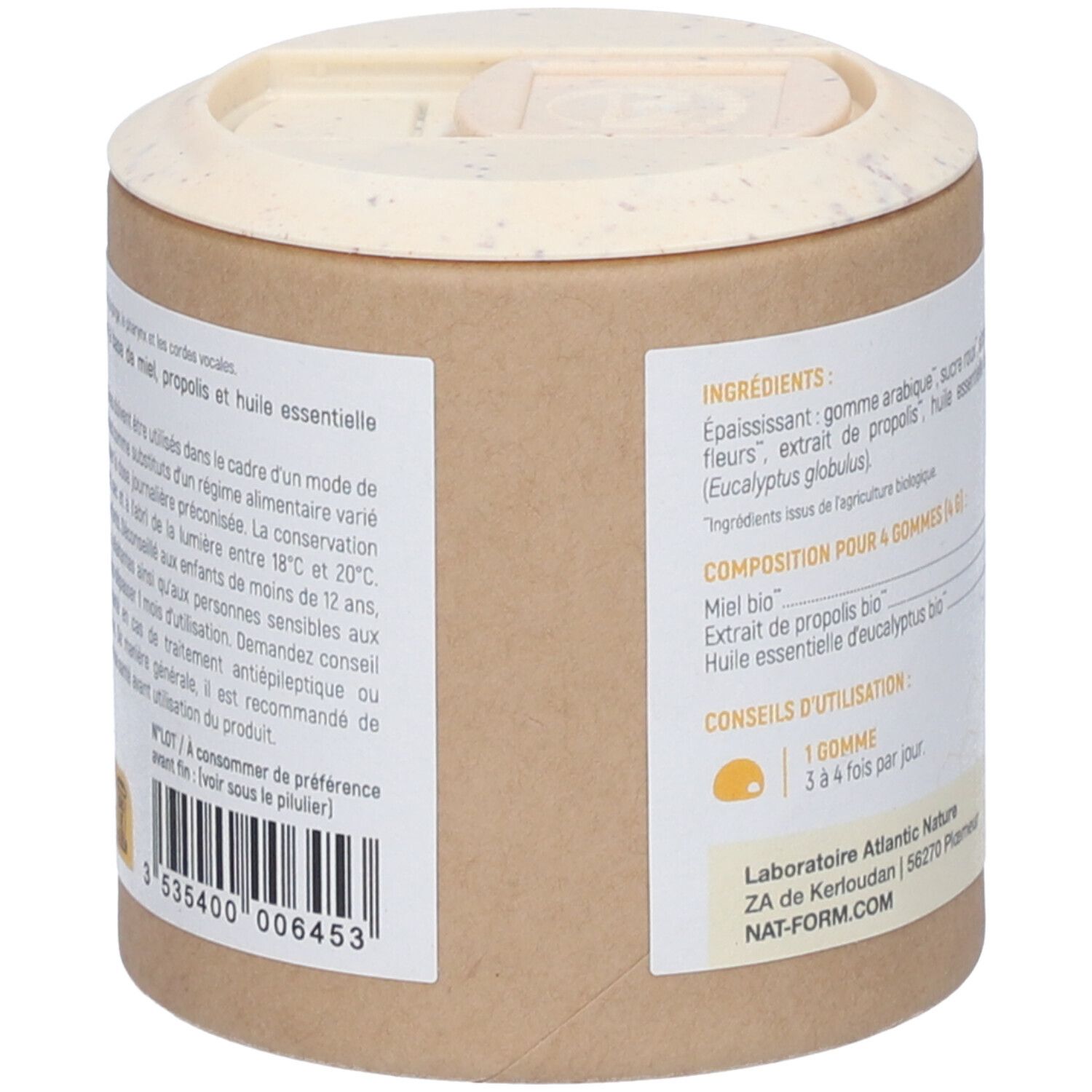 Emballage cylindrique avec texte. Contient Propolis, Miel, Eucalyptus. Certification Bio. Dosage: 1 gomme 3-4 fois par jour.