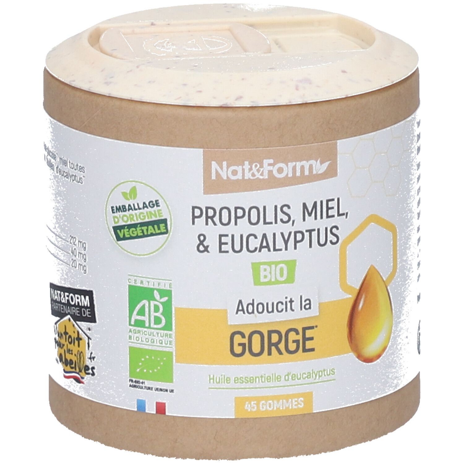 Emballage cylindrique "Nat&Form". Contient Propolis, Miel et Eucalyptus. Certification Bio et 45 gommes. Label "Adoucit la gorge".