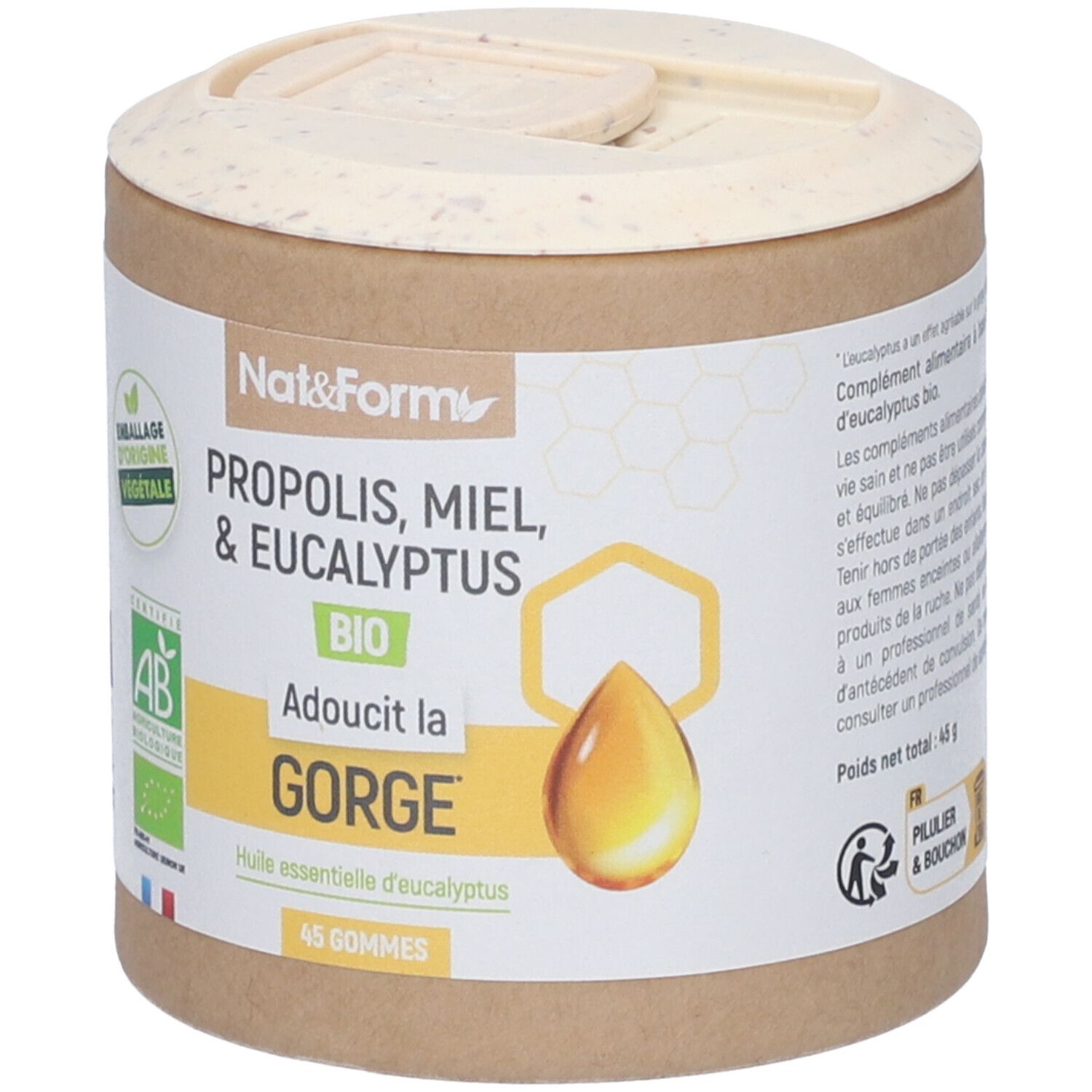 Emballage cylindrique "Nat&Form". Contient Propolis, Miel et Eucalyptus. Certification Bio et 45 gommes. Label "Adoucit la gorge".