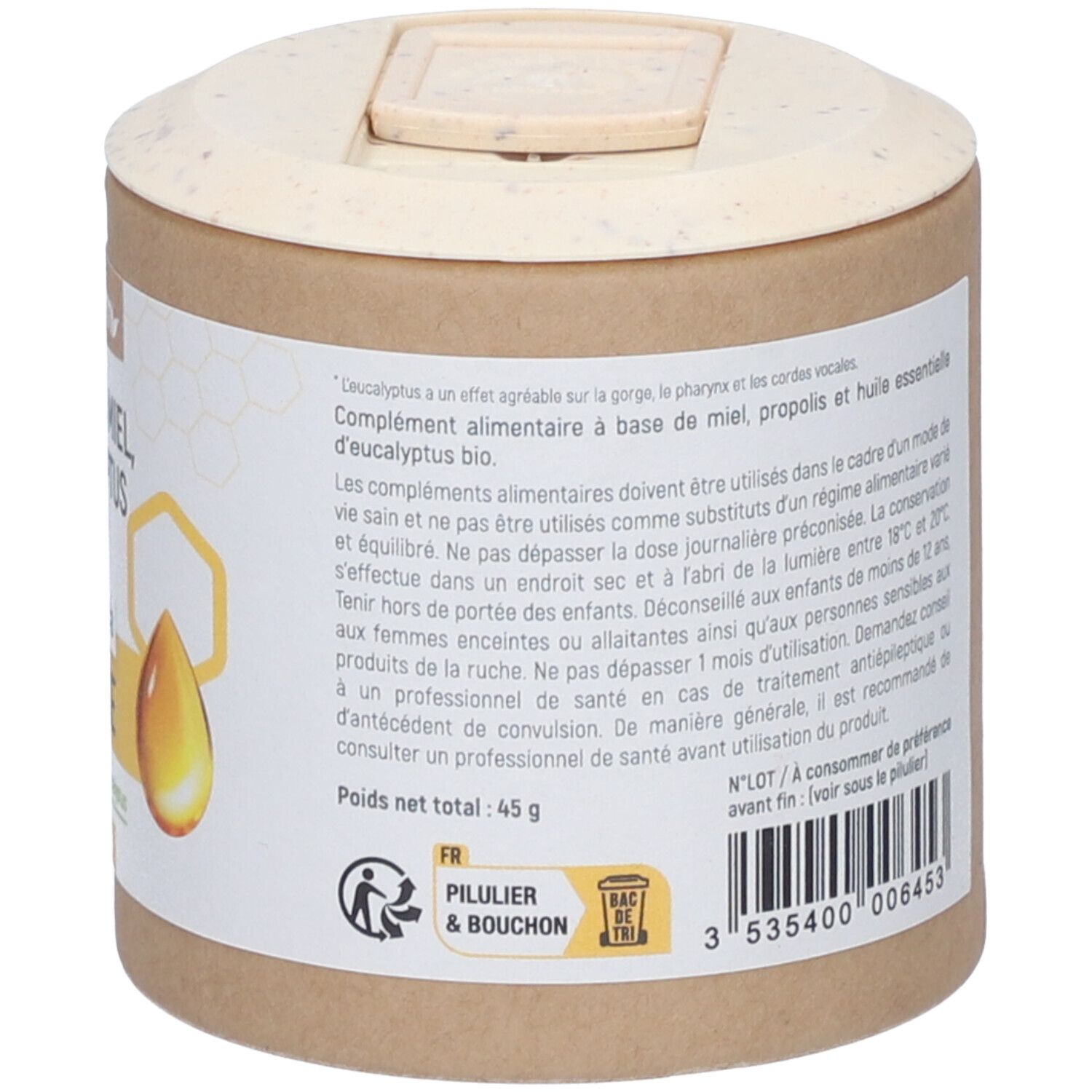 Emballage cylindrique avec texte. Contient Propolis, Miel, Eucalyptus. Certification Bio. Poids net 45g. Avec symbole de recyclage.