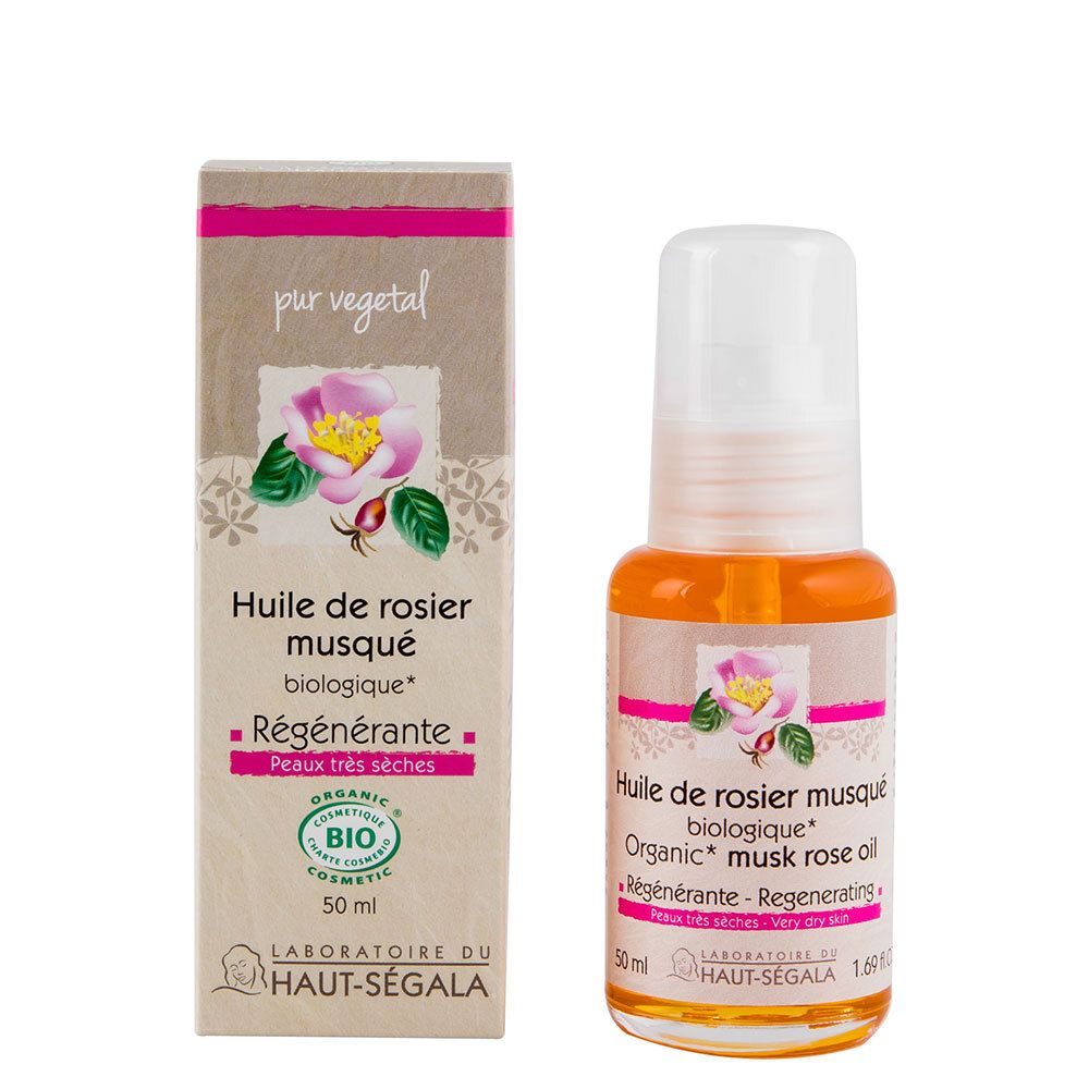 Flakon und Karton mit Öl. Aufschrift: Huile de rosier musqué biologique. Zertifizierung: BIO COSMETIC.
