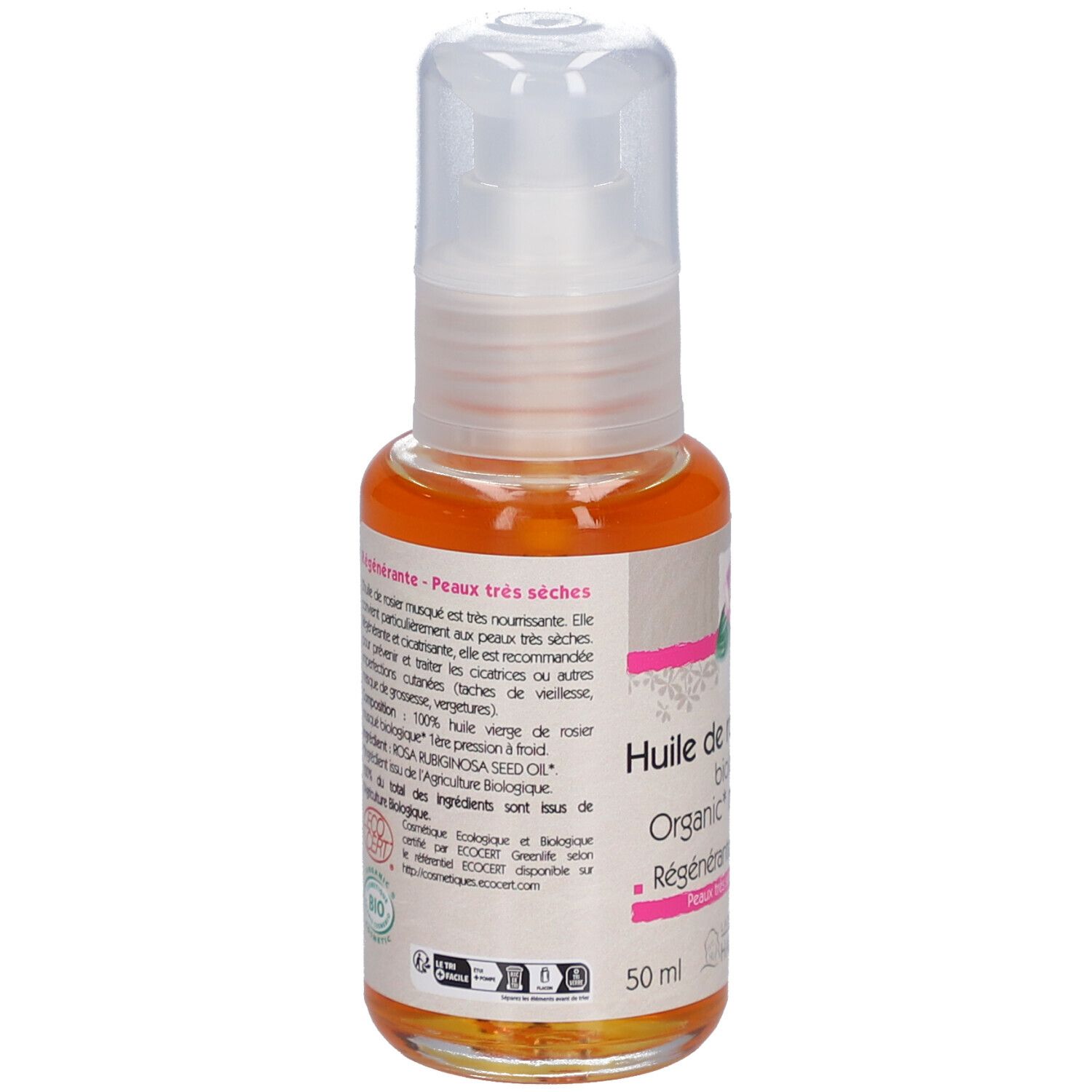 Ölflasche mit Pumpverschluss. Aufschrift: Huile de rosier musqué biologique. Zertifizierung: BIO COSMETIC.