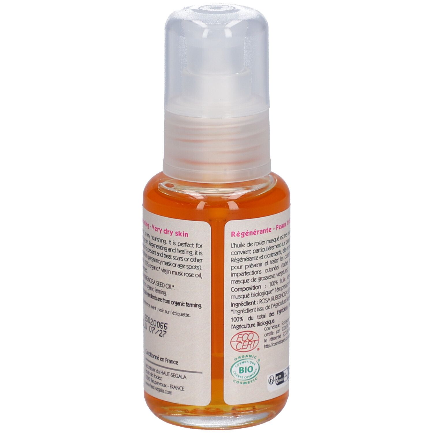 Ölflasche mit Pumpverschluss. Aufschrift: Huile de rosier musqué biologique. Zertifizierung: BIO COSMETIC.