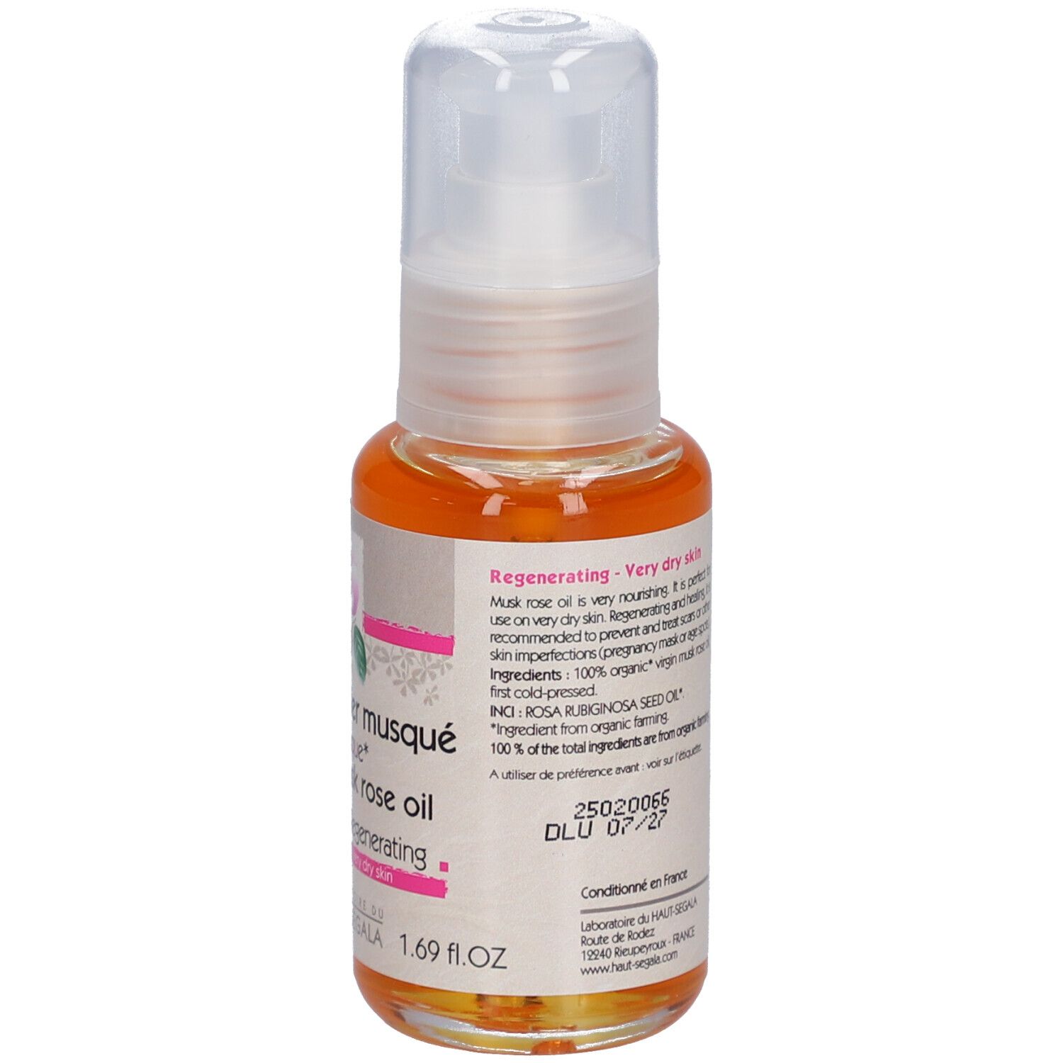 Ölflasche mit Pumpverschluss. Aufschrift: Huile de rosier musqué biologique. Zertifizierung: BIO COSMETIC.