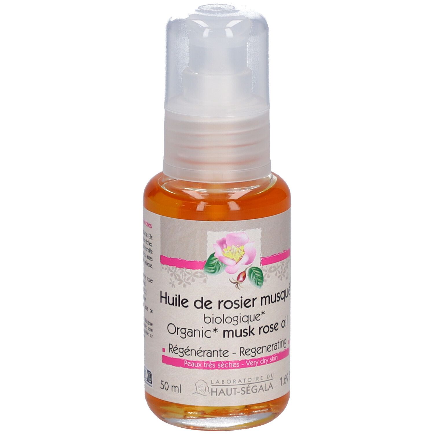 Ölflasche mit Pumpverschluss. Aufschrift: Huile de rosier musqué biologique. Zertifizierung: BIO COSMETIC.