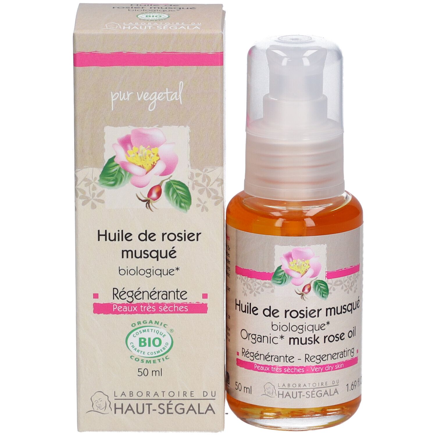 Ölflasche und Karton. Aufschrift: Huile de rosier musqué biologique. Zertifizierung: BIO COSMETIC.