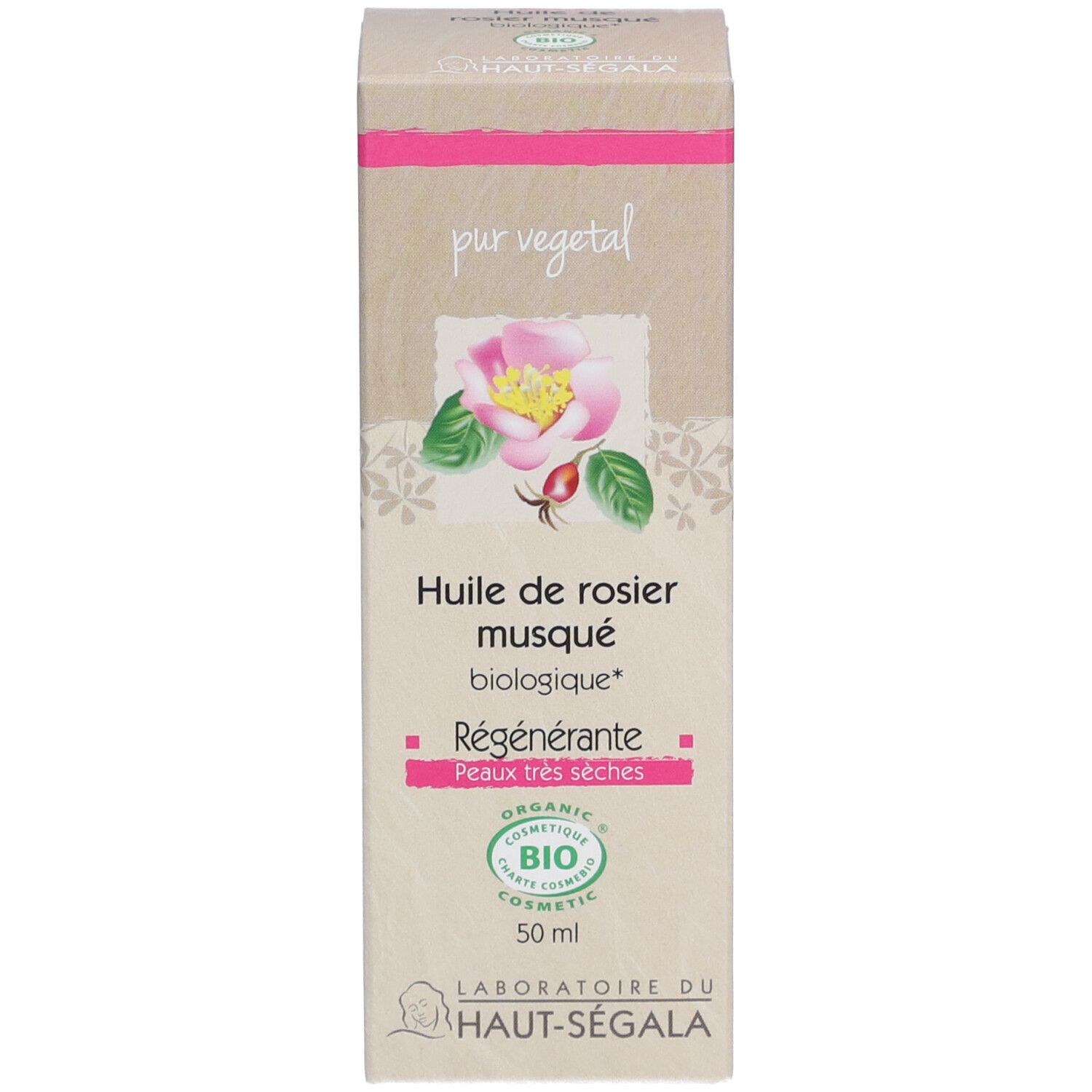 Karton mit Aufschrift: Huile de rosier musqué biologique. Zertifizierung: BIO COSMETIC.