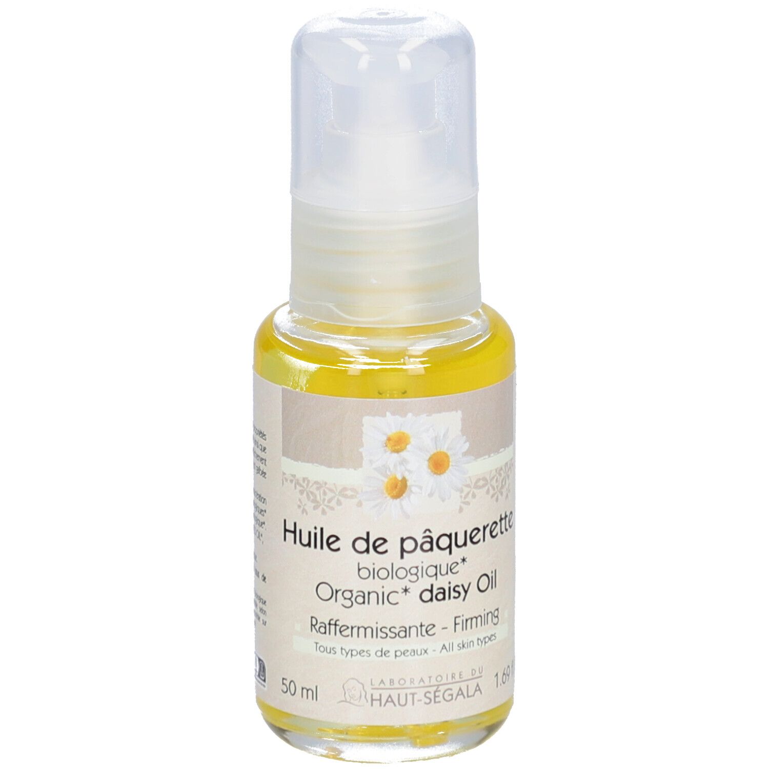 Flacon avec produit. Inscription: Huile de pâquerette biologique. Pour tous types de peau. 1.69 fl.oz.