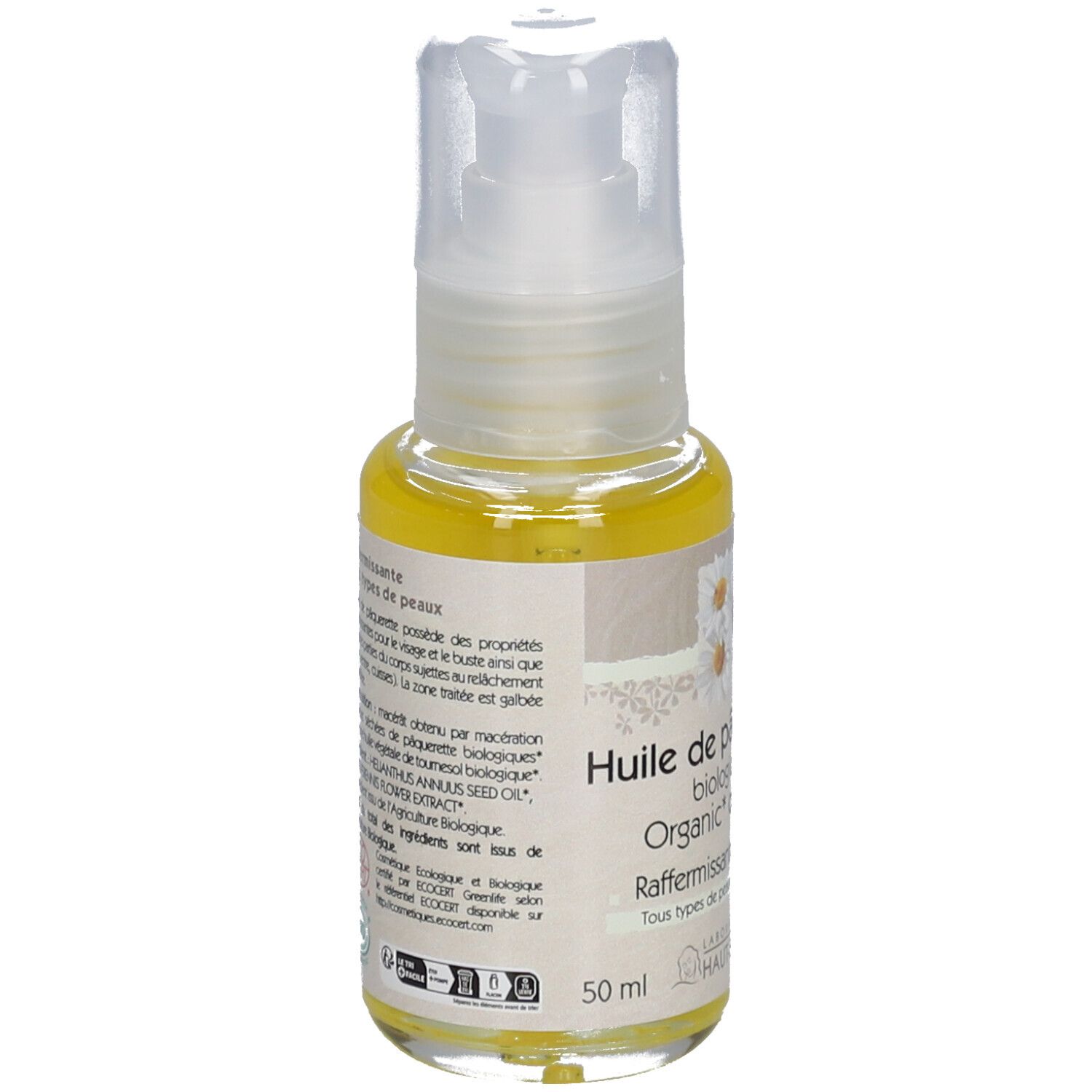 Flacon avec produit. Inscription: Huile de pâquerette biologique. Pour tous types de peau. 50 ml.