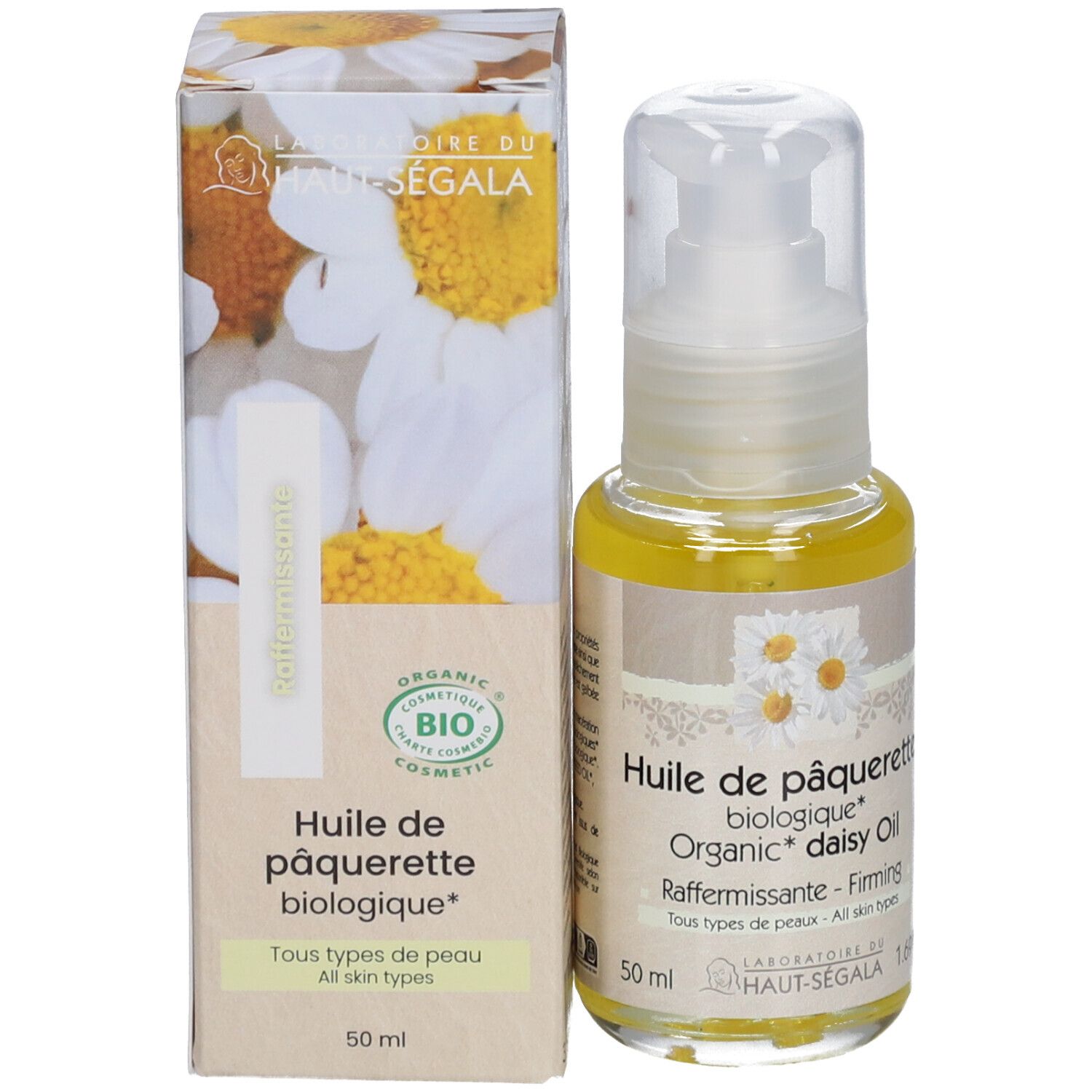 Flacon et emballage avec produit. Inscription: Huile de pâquerette biologique. Pour tous types de peau.