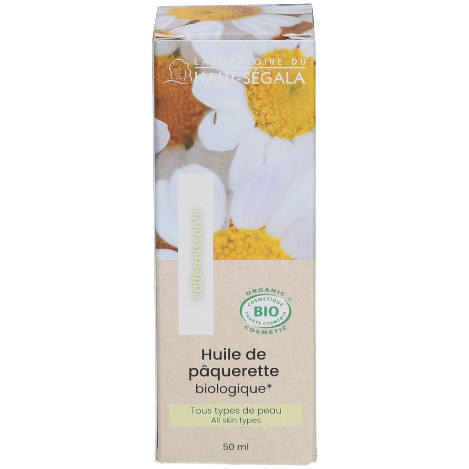 Emballage avec produit. Inscription: Huile de pâquerette biologique. Pour tous types de peau. 50 ml.