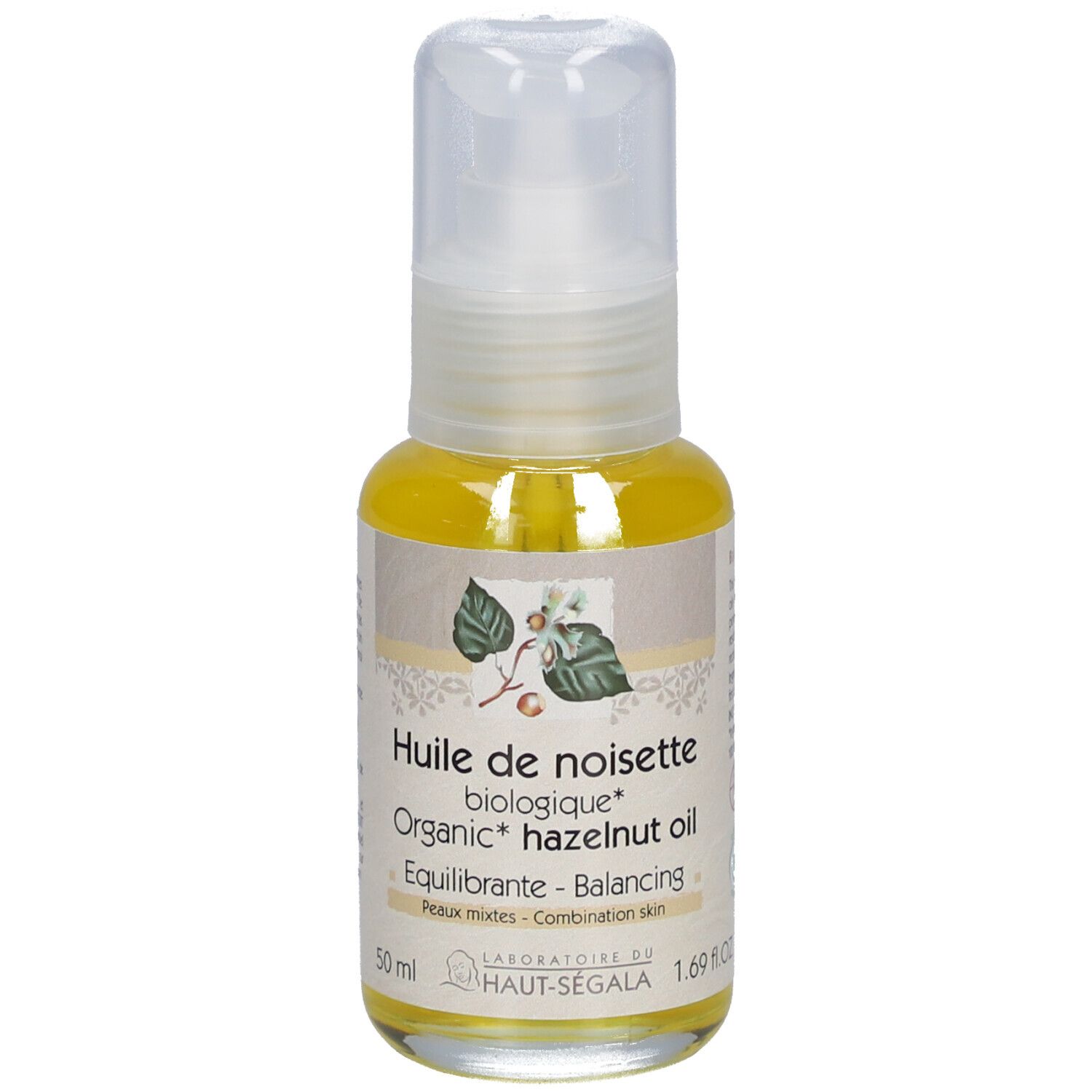 Klarflüssiges Öl in einer Flasche mit Pumpverschluss. Aufschrift: Huile de noisette biologique, 50 ml.