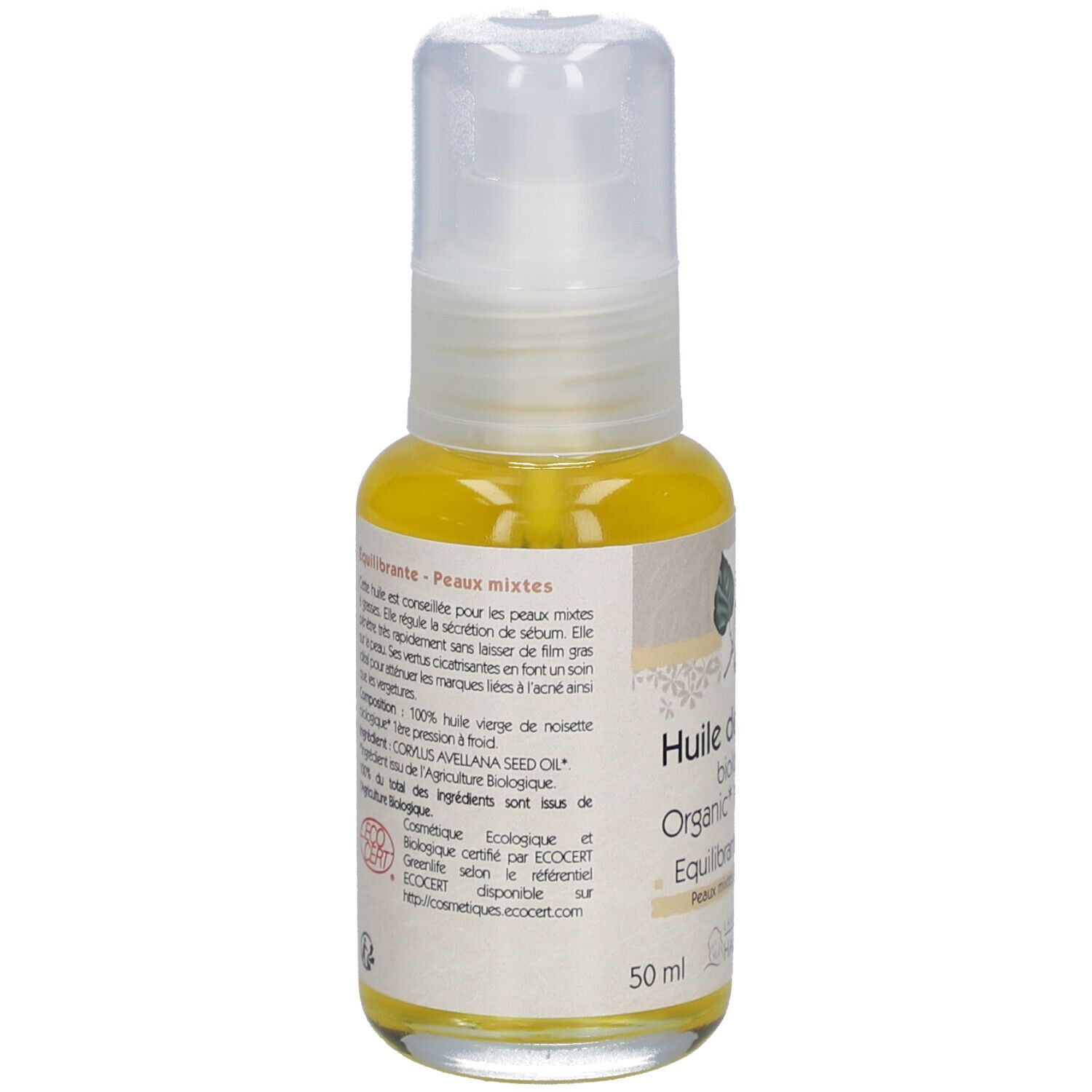 Rückseite der Ölflasche. Text: Huile de noisette biologique, 50 ml. Mit ECO CERT-Logo.