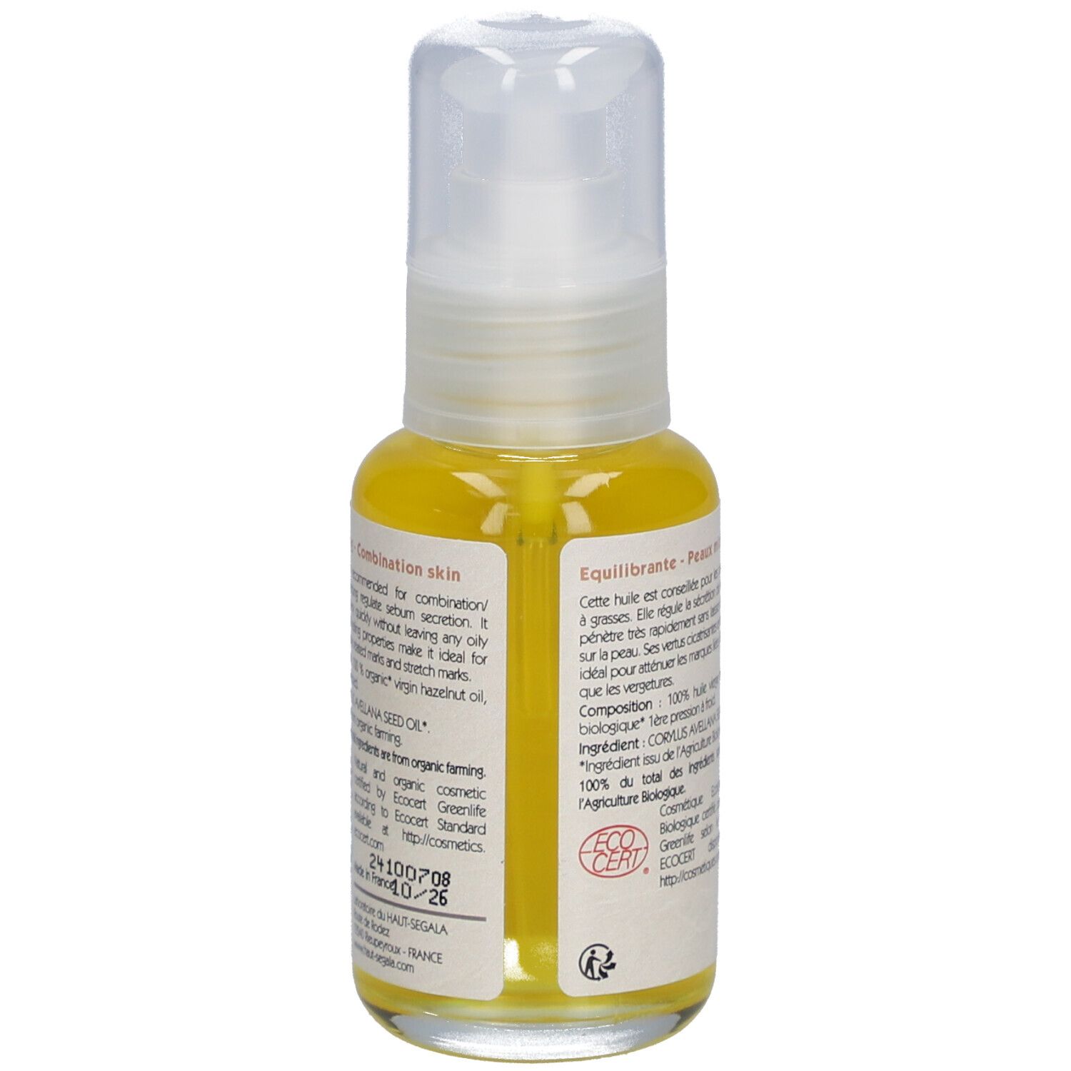 Rückseite der Ölflasche. Text: Huile de noisette biologique, 50 ml. Mit ECO CERT-Logo.