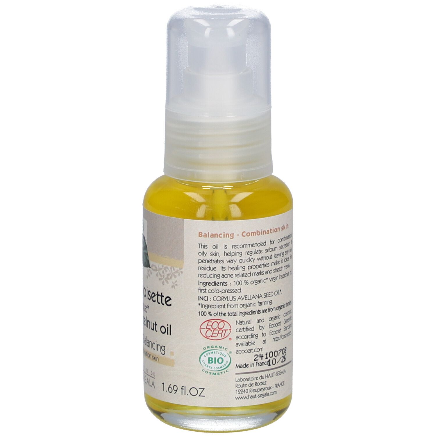 Rückseite der Ölflasche. Text: Huile de noisette biologique, 50 ml. Mit ECO CERT-Logo.