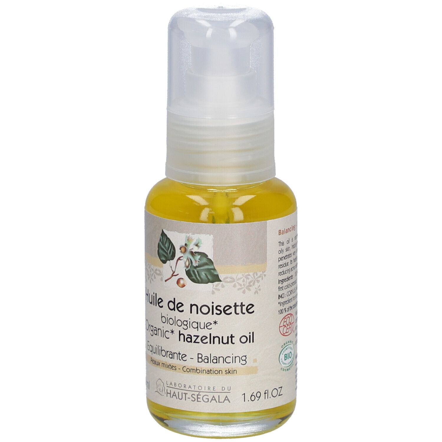 Klarflüssiges Öl in einer Flasche mit Pumpverschluss. Aufschrift: Huile de noisette biologique, 50 ml.