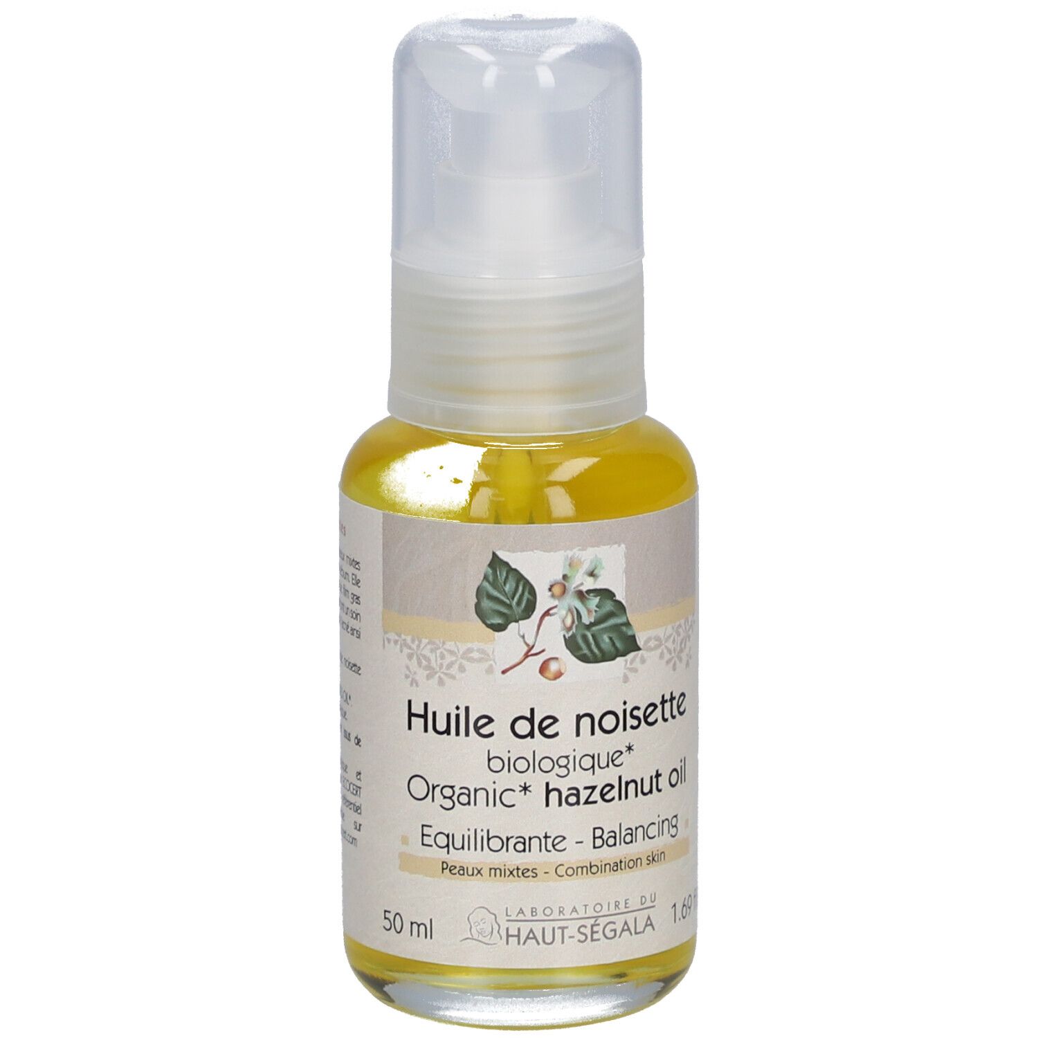 Klarflüssiges Öl in einer Flasche mit Pumpverschluss. Aufschrift: Huile de noisette biologique, 50 ml.