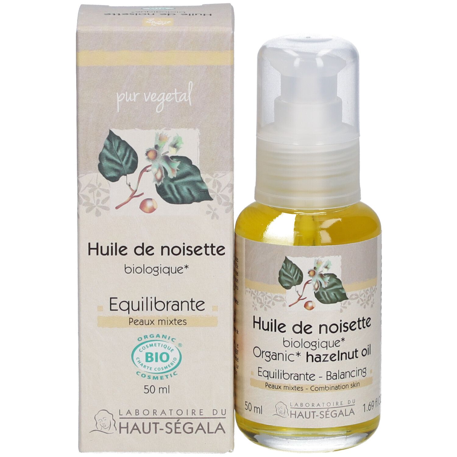 Ölflasche und Verpackung. Aufschrift: Huile de noisette biologique, 50 ml. Mit ECO CERT-Logo.