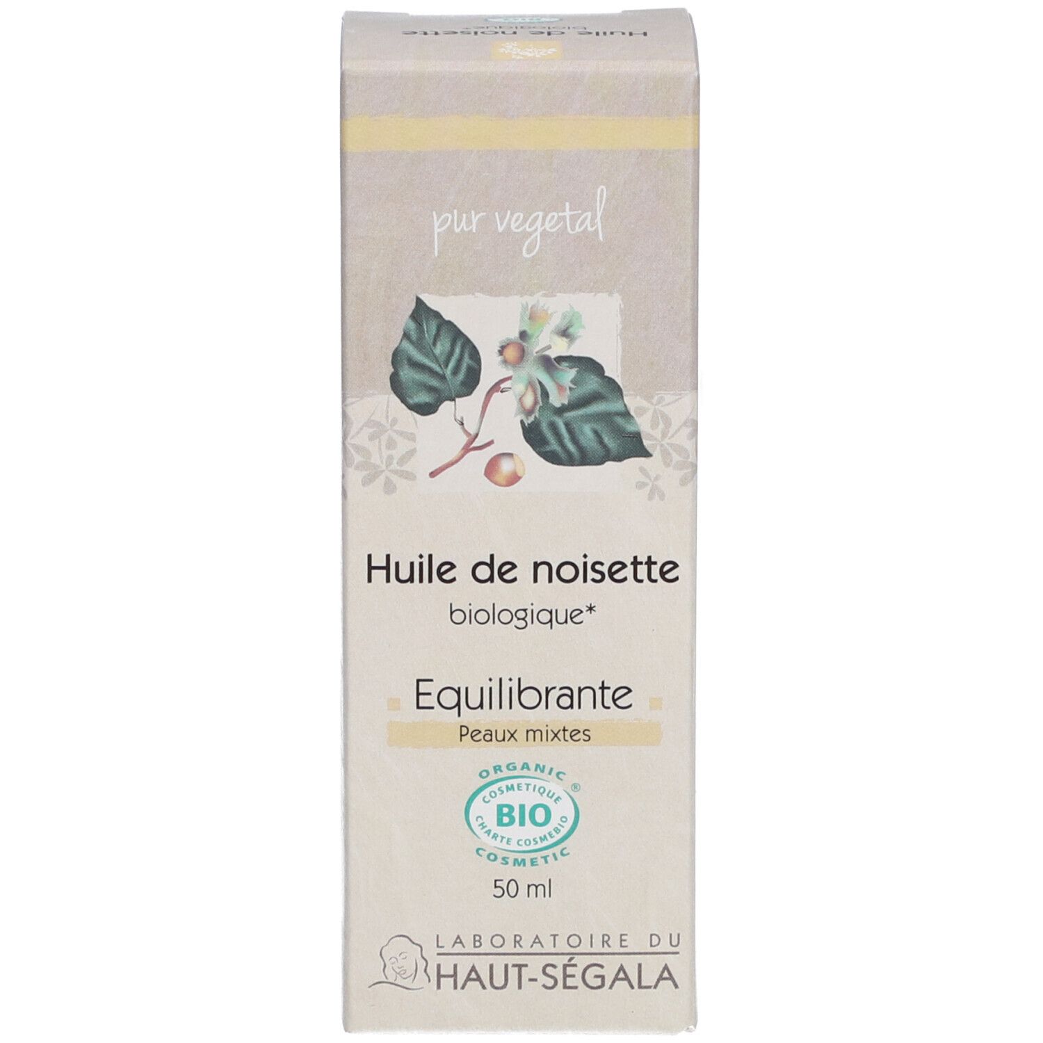 Verpackung mit Aufschrift: Huile de noisette biologique, 50 ml. Mit ECO CERT-Logo.