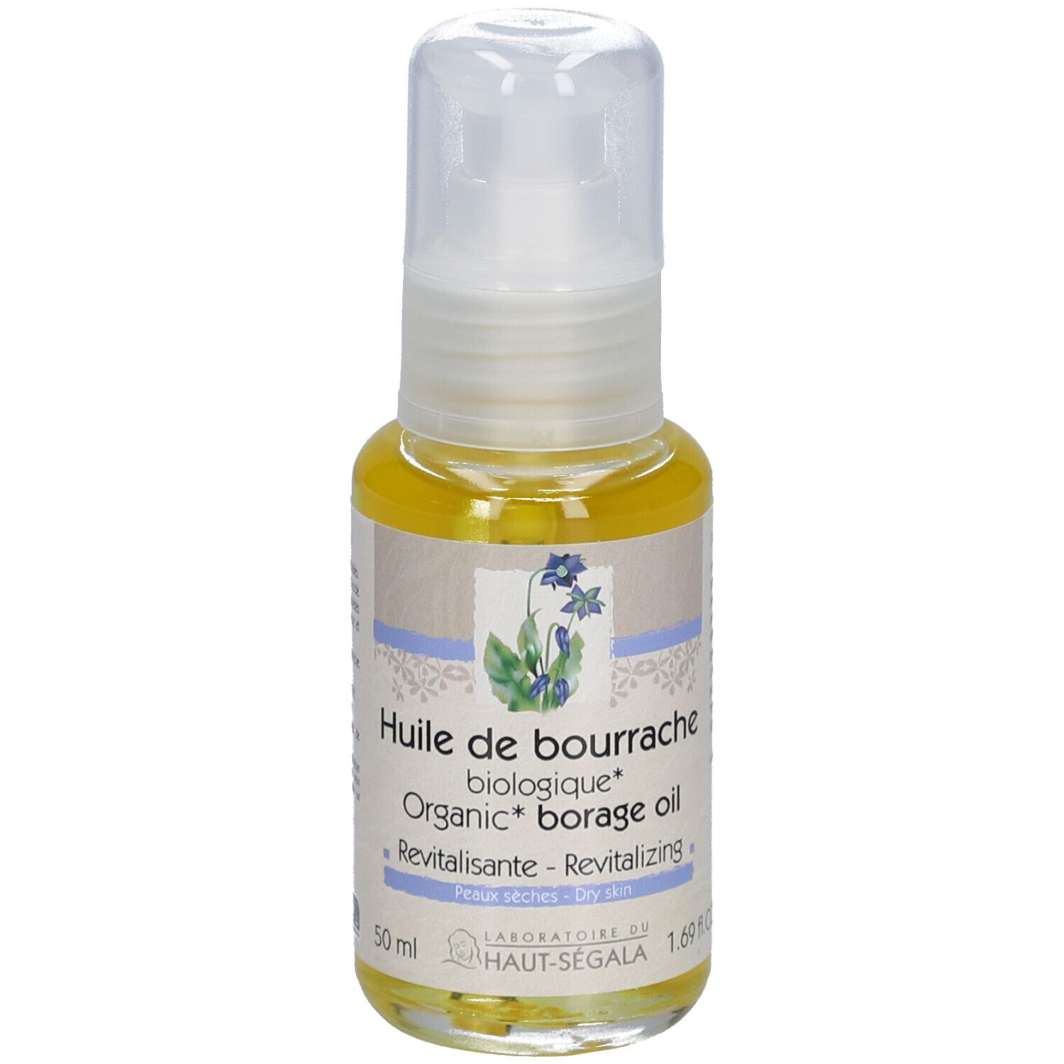 Flacon d'huile jaune avec pompe. Inscription: Huile de bourrache biologique, Organic borage oil, Revitalisante, Peaux sèches.