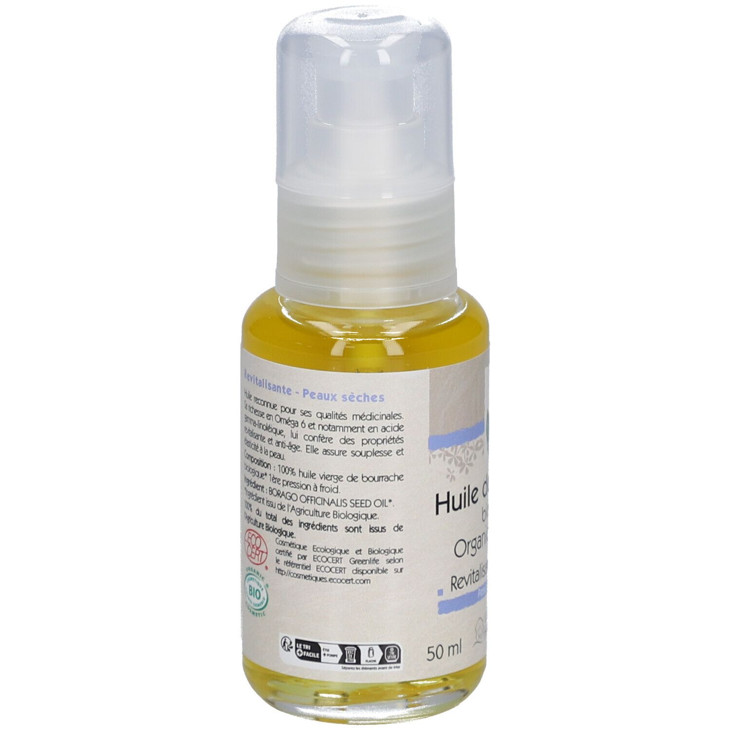 Dos du flacon d'huile. Inscription: Huile de bourrache biologique, Organic borage oil, Revitalisante, Peaux sèches. Ingrédients.