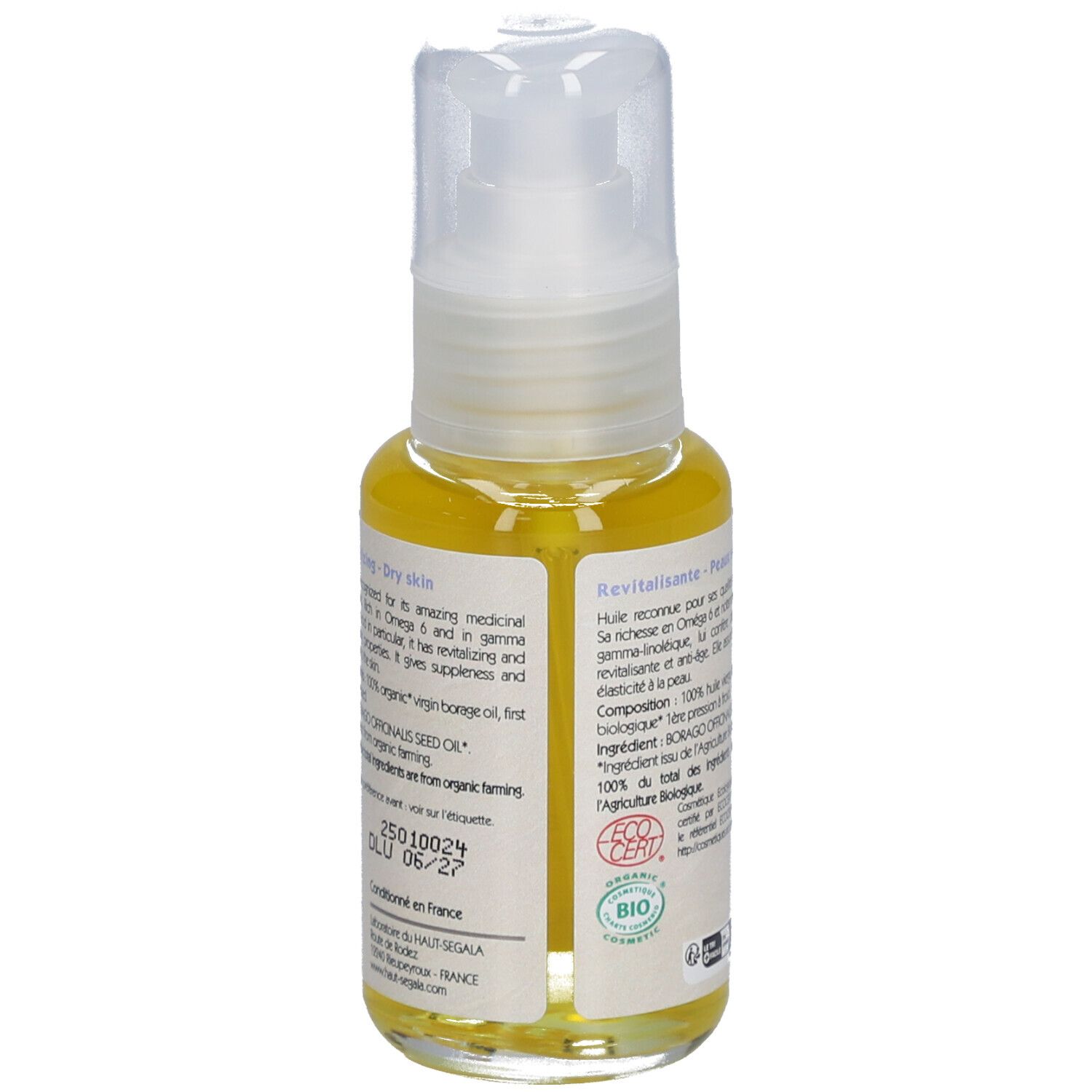 Dos du flacon d'huile. Inscription: Huile de bourrache biologique, Organic borage oil, Revitalisante, Peaux sèches. Ingrédients, certification BIO.