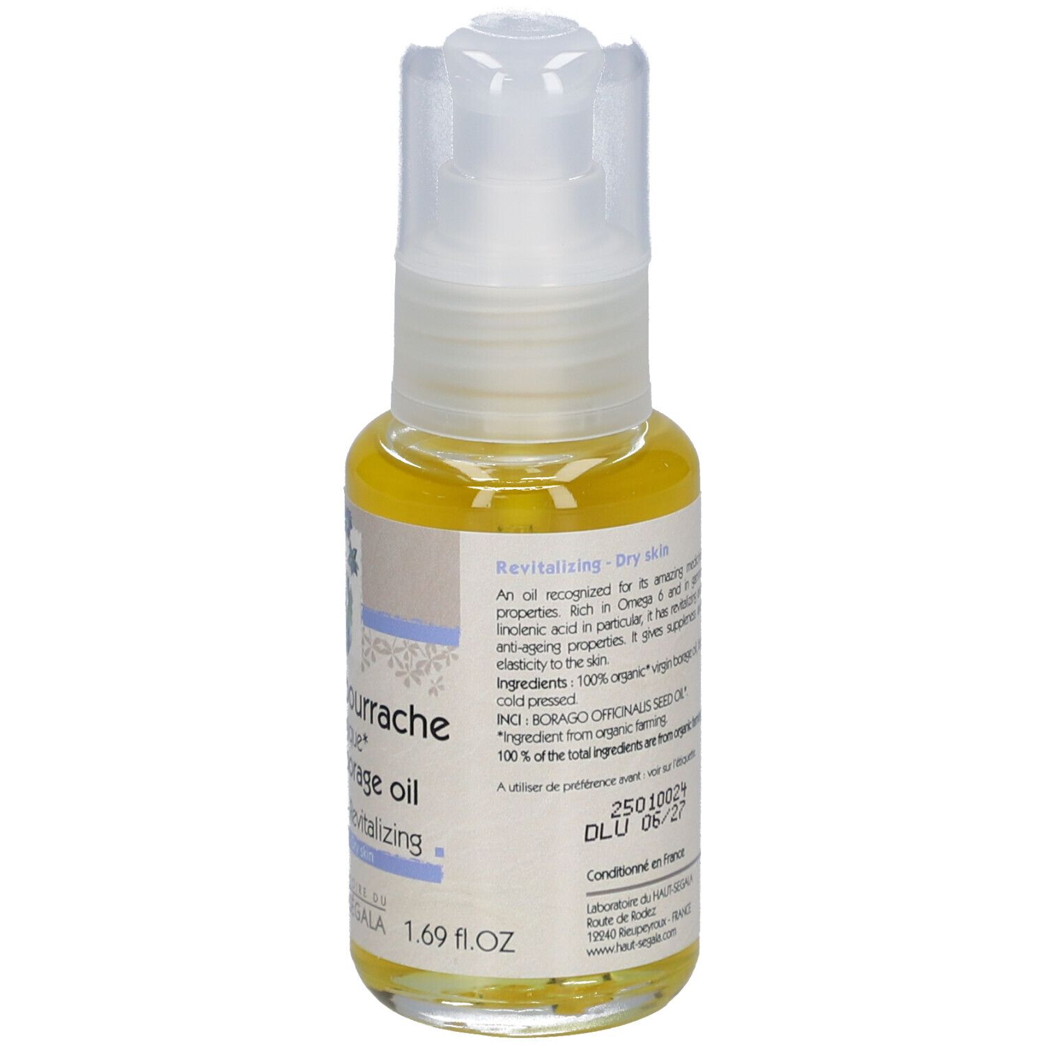 Dos du flacon d'huile. Inscription: Huile de bourrache biologique, Organic borage oil, Revitalisante, Peaux sèches. Ingrédients, certification BIO.