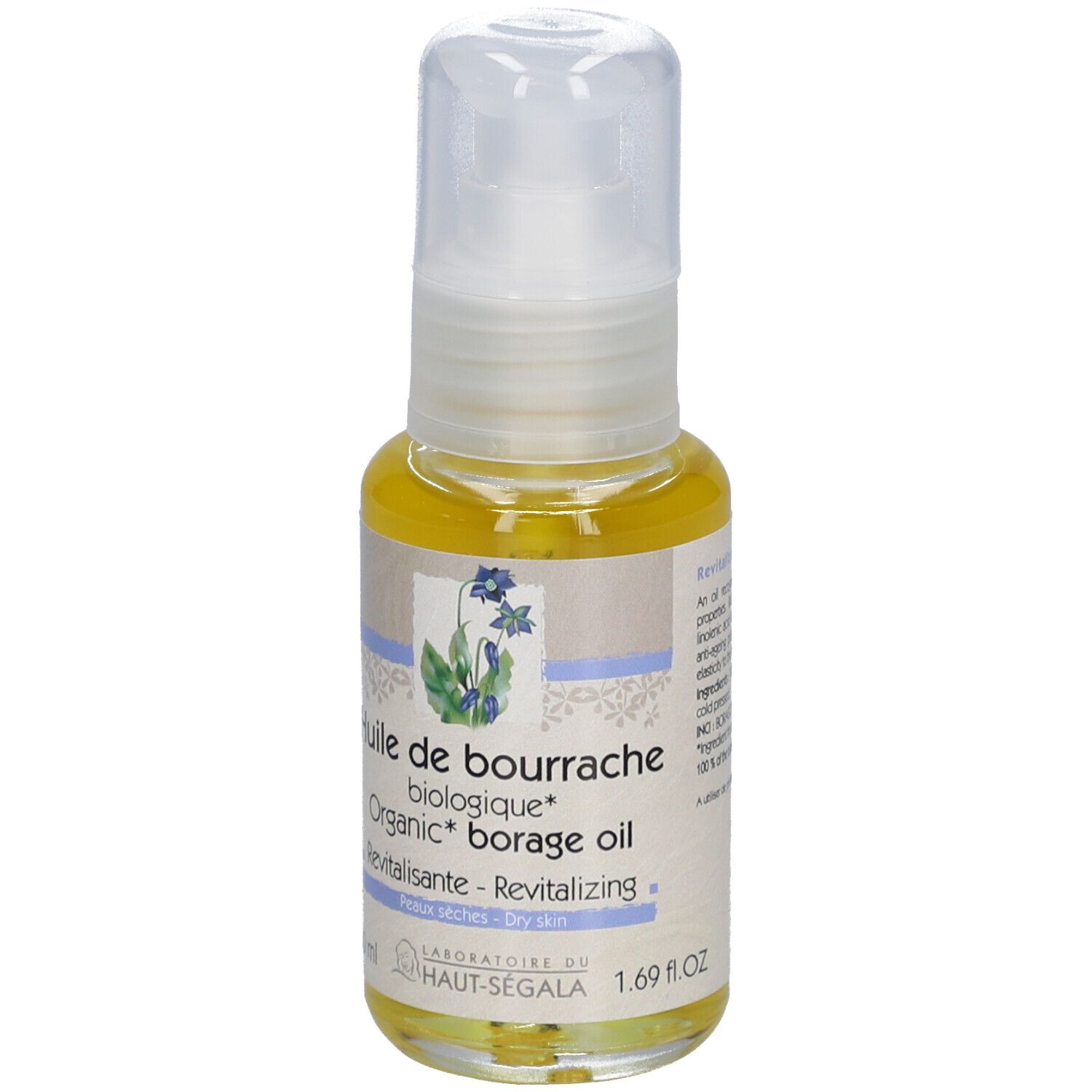 Flacon d'huile avec pompe. Inscription: Huile de bourrache biologique, Organic borage oil, Revitalisante, Peaux sèches. 1.69 fl.oz.