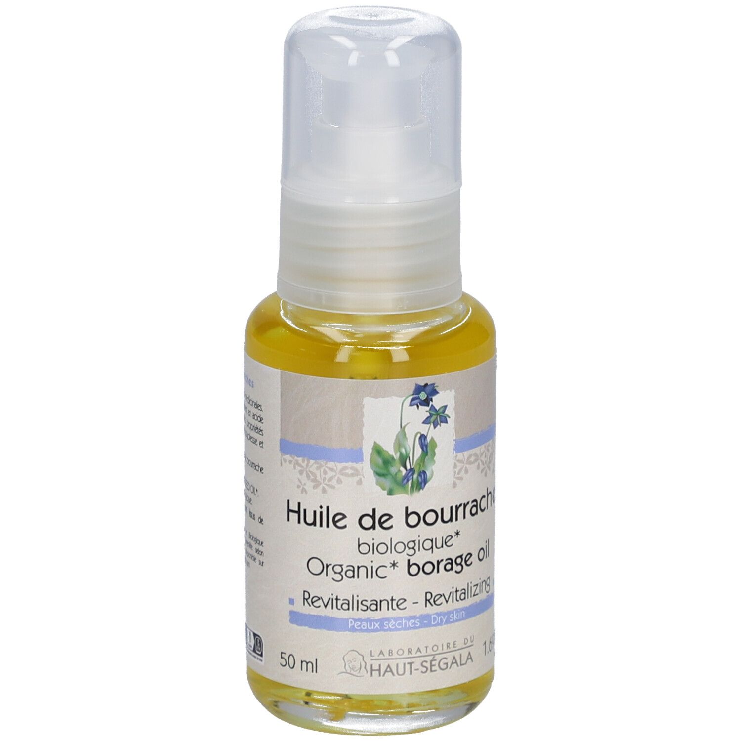 Flacon d'huile avec pompe. Inscription: Huile de bourrache biologique, Organic borage oil, Revitalisante, Peaux sèches. 50 ml.