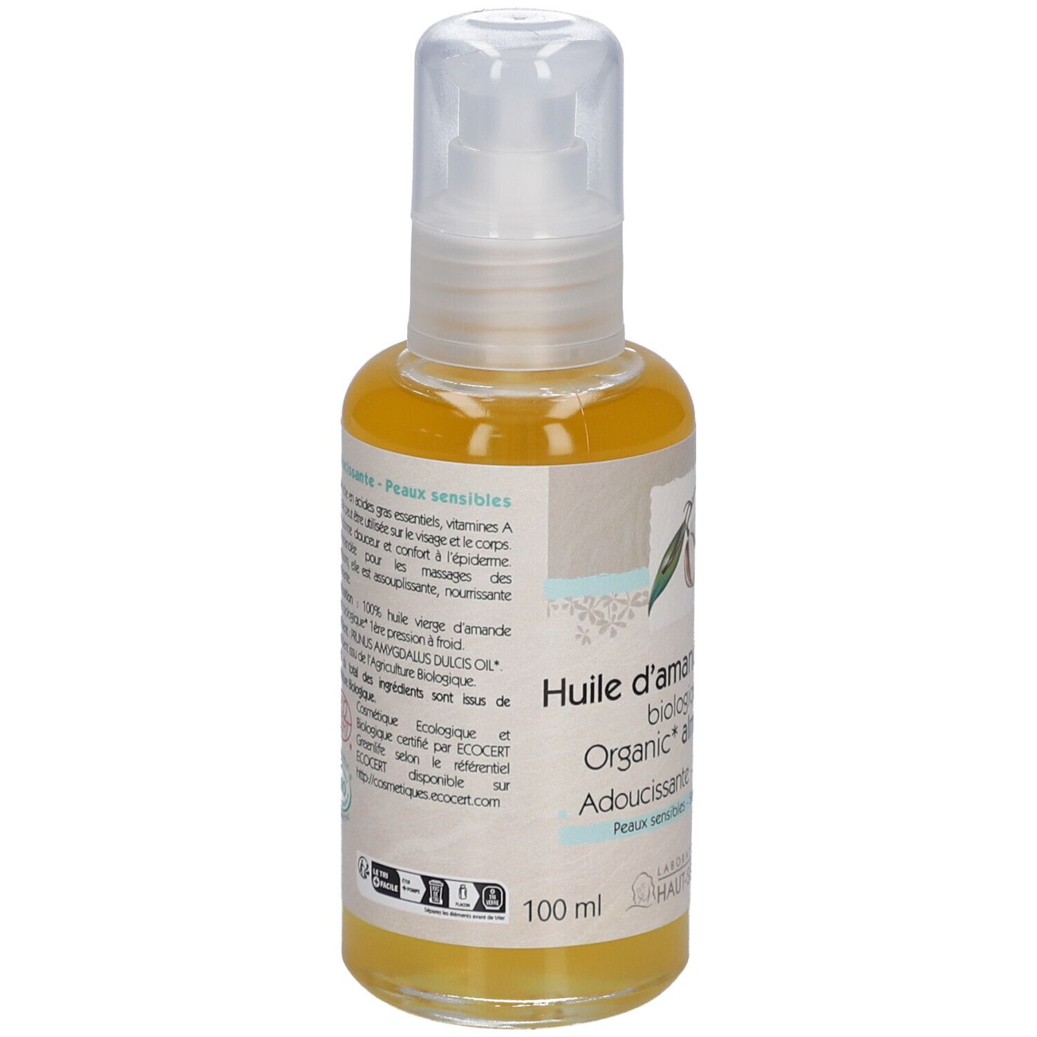 Dos du flacon d'huile d'amande douce biologique. Inscription: Huile d'amande douce biologique, Adoucissante, Peaux sensibles. Certification Bio. 100 ml.