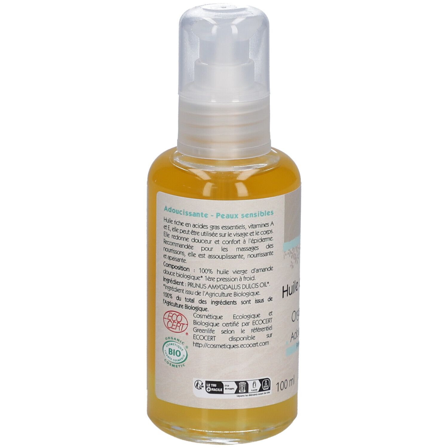 Dos du flacon d'huile d'amande douce biologique. Inscription: Huile d'amande douce biologique, Adoucissante, Peaux sensibles. Certification Bio. 100 ml.