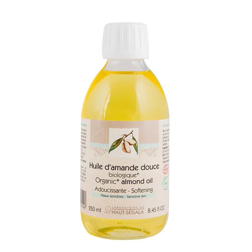 Klare Flasche mit gelbem Inhalt. Etikett mit Text und Logo. Deckel weiß. Aufschrift: Huile d'amande douce biologique.