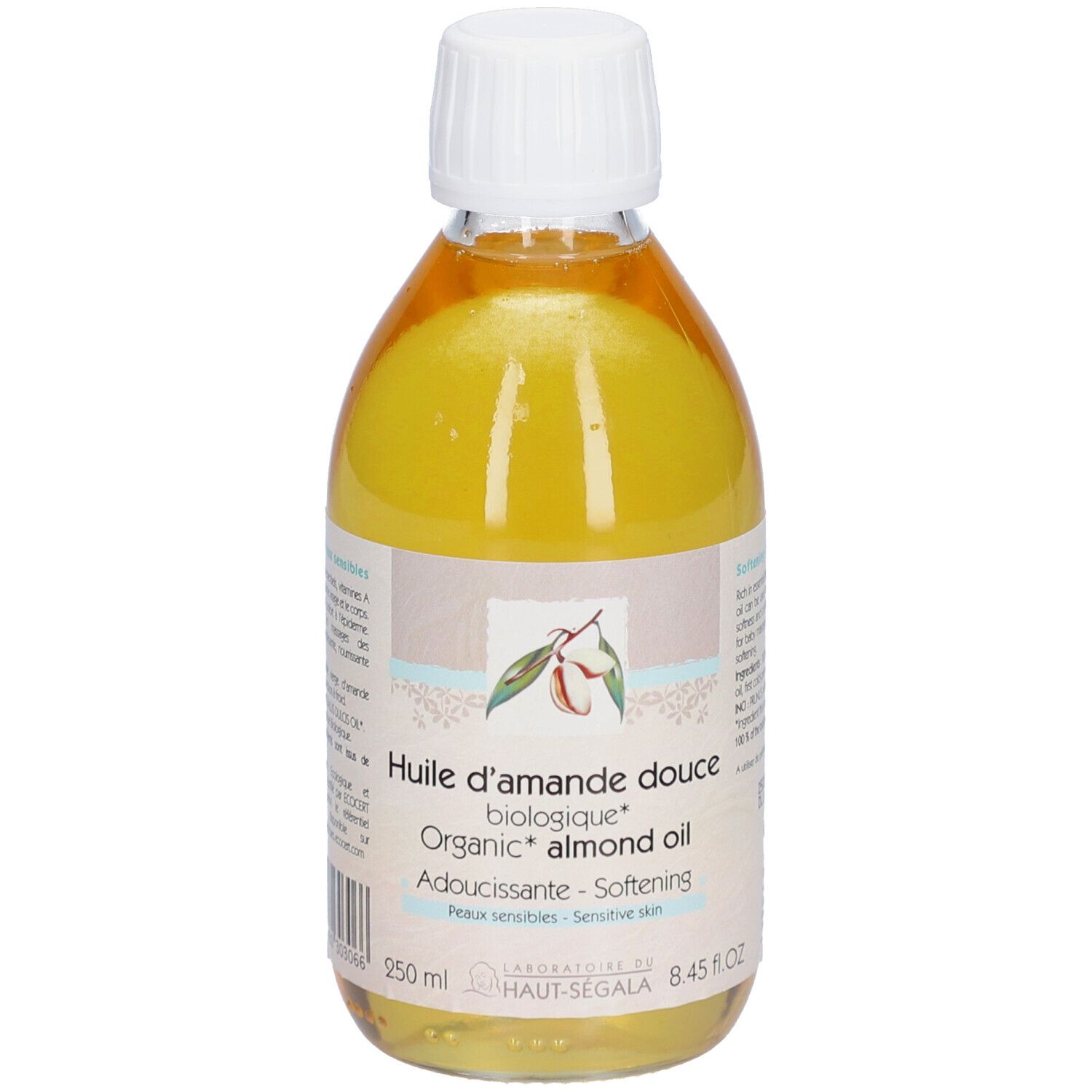 Klare Flasche mit gelbem Inhalt. Etikett mit Text und Logo. Deckel weiß. Aufschrift: Huile d'amande douce biologique.