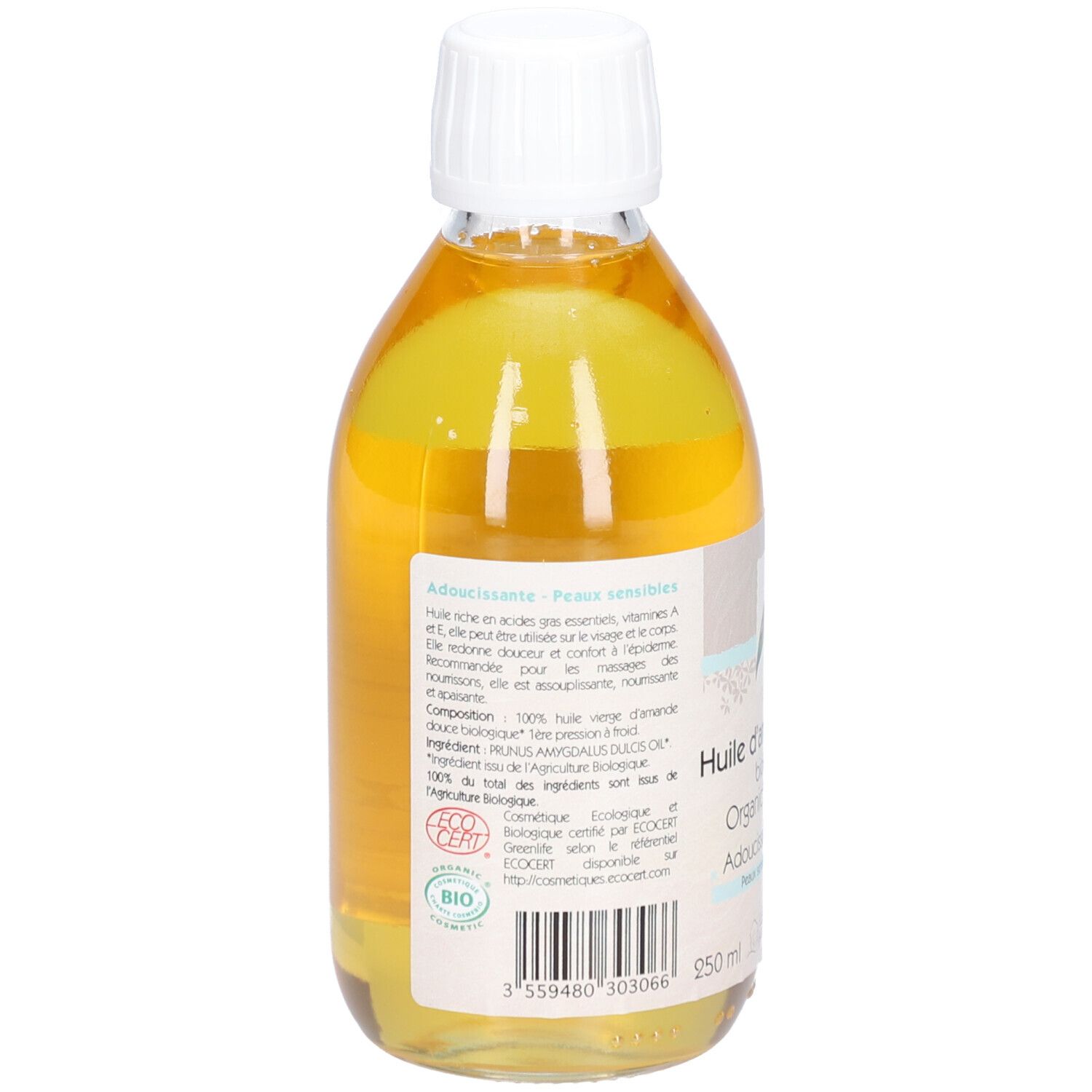 Rückansicht einer Flasche mit gelbem Inhalt. Etikett mit Text. Weißer Deckel. Aufschrift: Huile d'amande douce biologique. Bio-Zertifizierung.