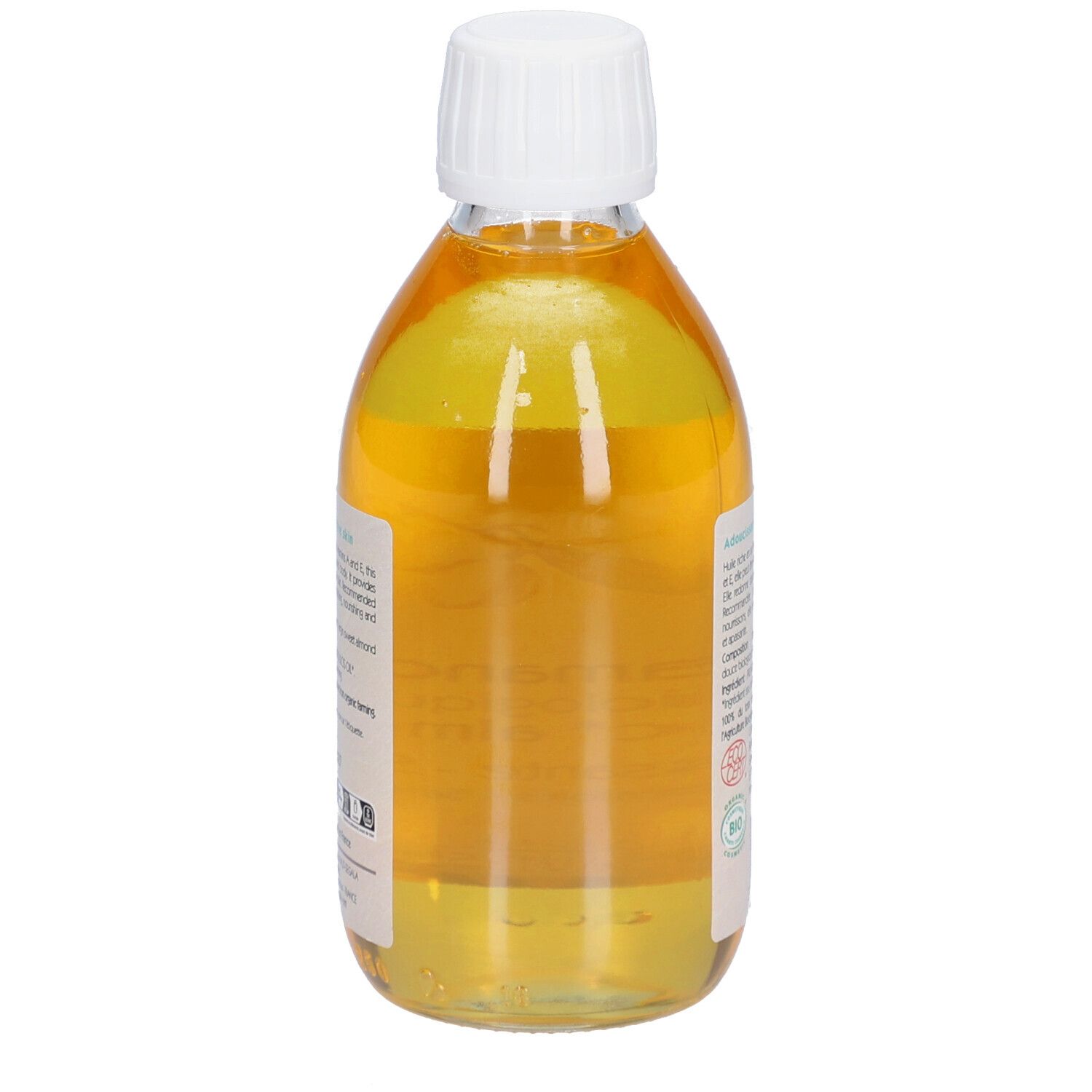 Rückansicht einer Flasche mit gelbem Inhalt. Etikett mit Text. Weißer Deckel. Aufschrift: Huile d'amande douce biologique. Bio-Zertifizierung.