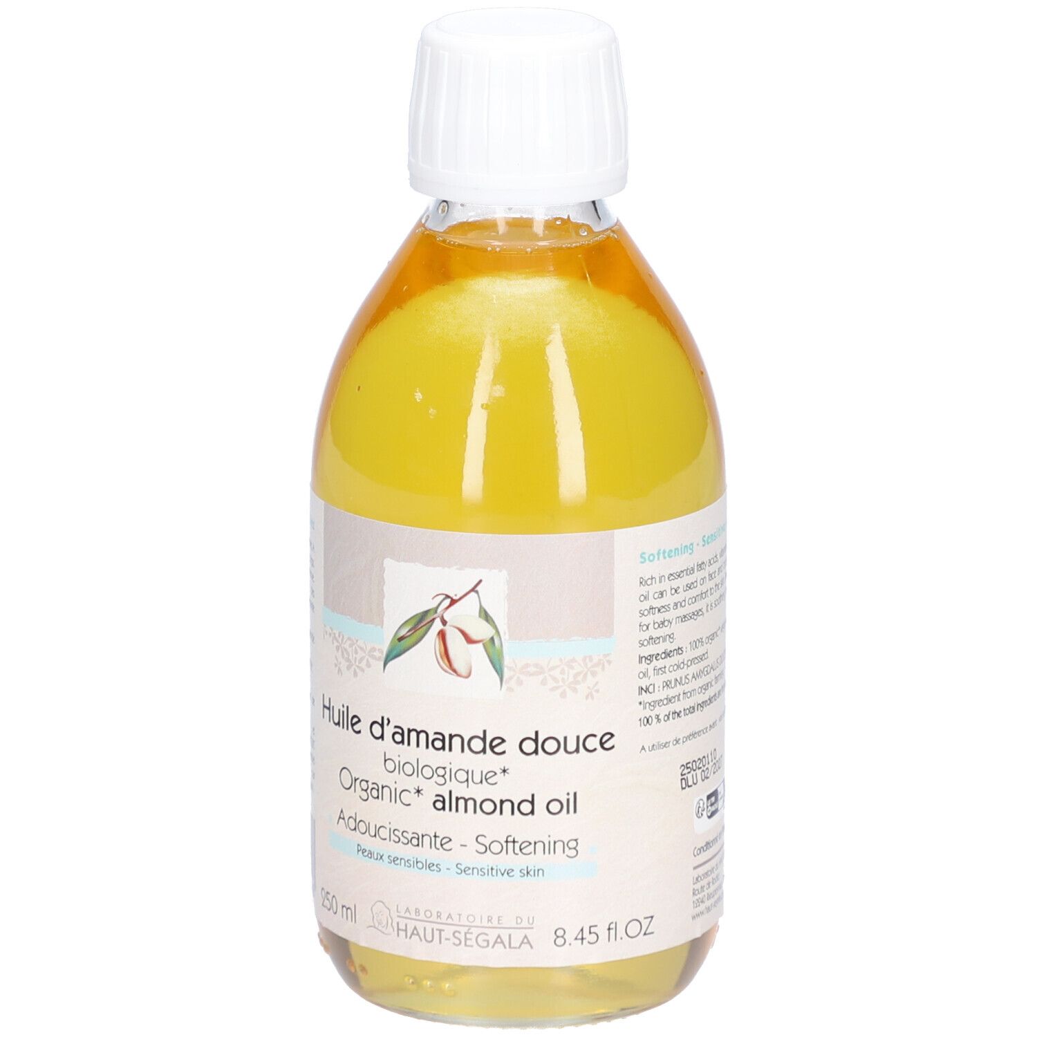 Klare Flasche mit gelbem Inhalt. Etikett mit Text und Logo. Deckel weiß. Aufschrift: Huile d'amande douce biologique.