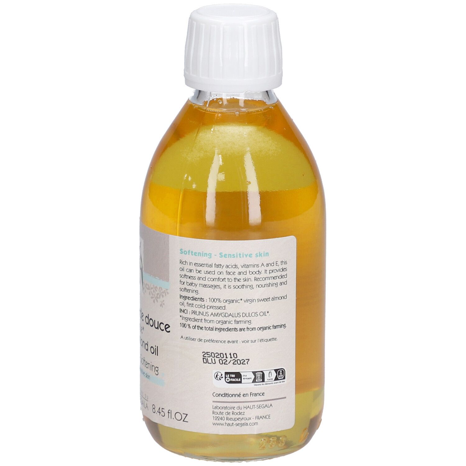 Rückansicht einer Flasche mit gelbem Inhalt. Etikett mit Text. Weißer Deckel. Aufschrift: Huile d'amande douce biologique. Bio-Zertifizierung.