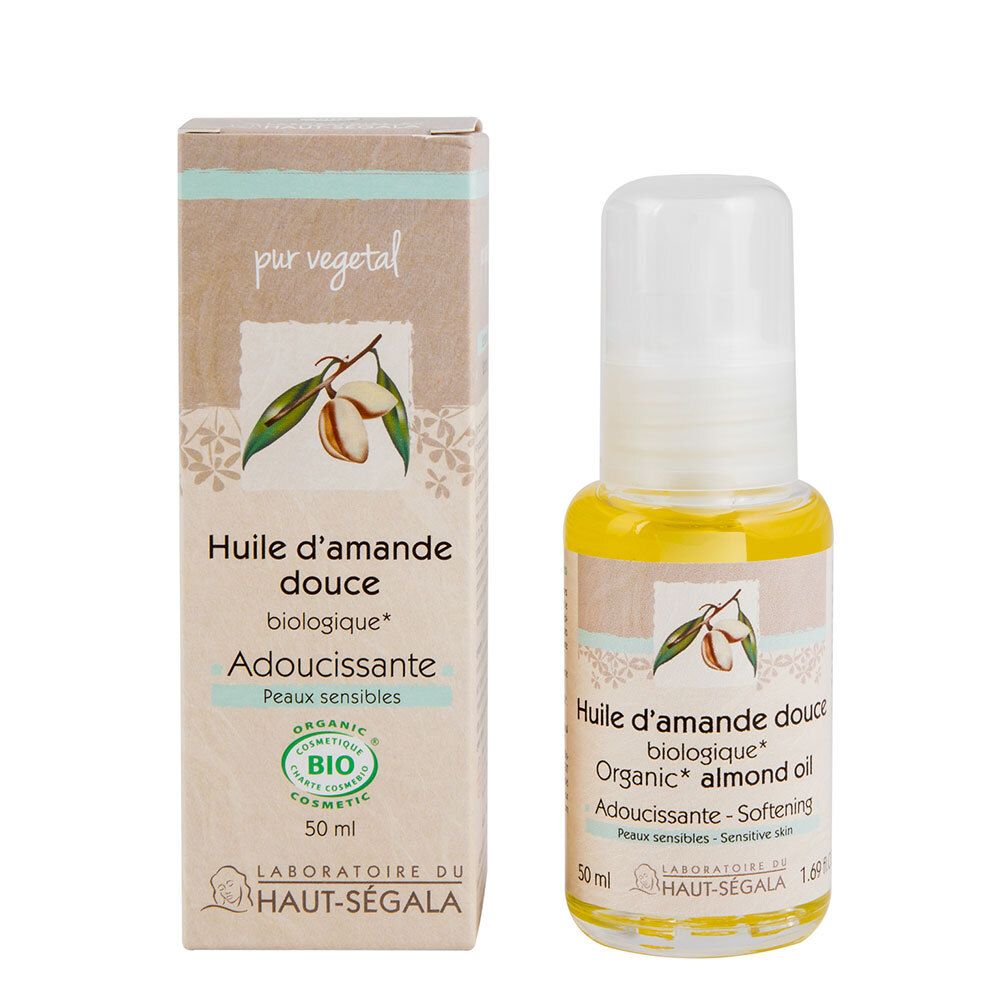 Ölflasche und Karton. Aufschrift: Huile d'amande douce biologique, Adoucissante, Peaux sensibles. Bio-Siegel.